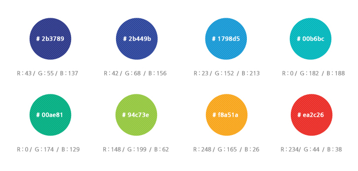 #2b3789 R:43/G:55/B:137. #2B4496 R:42/G:68/B:156. #1798D5 R:23/G:152/B:213. #00B6BC R:0/G:182/B:188. #00AE81 R:0/G:174/B:129. #94C73E R:148/G:199/B:62. #F8A51A R:248/G:165/B:26. #EA2C26 R:234/G:44/B:38.