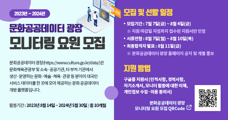 문화공공데이터 광장 모니터링 요원
					모집 문화공공데이터
					광장(https://www.culture.go.kr/data/)은 문화체육관광부 및 소속·공공기관, 타 부처 기관에서 
					생산·운영하는 문화·예술·체육·관광 등 분야의 대국민 서비스 데이터를 한곳 곳에 모아 제공하는 문화 공공 데이터 개방 
					플랫폼입니다. [활동기간:2023년 8월 1일 ~ 2024년 5월 30일 / 총 10개월, [모집기간: 7월 7일(금) ~
					7월21일(금) / 15일간(지원 마감일 자정까지 접수된
					지원서만 인정)] [서류전형: 7월 24일(월) ~ 7월
					28일(금)] [최종합격자 발표: 8월 1일(화)
					(문화공공데이터 광장 홈페이지 공지 및 개별 통보)]
					[지원방법: 구글폼
					지원서(인적사항,경력사항,자기소개서,모니터
					활동에 대한 이해, 개인정보 수집·이용 동의서]