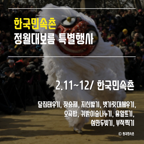 한국민속촌 정월대보름 특별행사
2.11~12/한국민속촌
달집태우기, 장승제, 지신밟기, 볏가릿대세우기, 오곡밥, 귀밝이술나누기, 용알뜨기, 섬만두빚고, 부적찍기