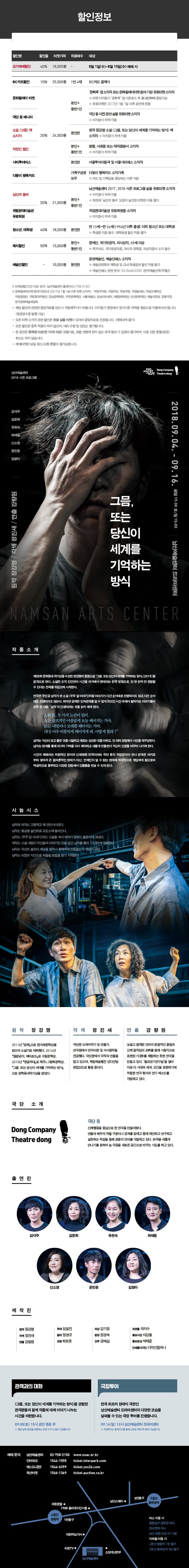 할인정보 할인명 할인을 티켓가격 적용매수 대상 | 조기예매할인 40% 18,000원 - 8월 1일(수)~8월 15일 (수) 예매 시 BC카드할인 15% 25,500원 1인 4매 BC카드 결제시 문화릴레이 티켓 문화 앱 소지자 또는 문화릴레이티켓 참여기관 유료티켓소지자 ※ 티켓 미지참시 문화콕앱 다운로드 후 로그인하여 증빙가능 ※ 유료티켓은 2017년 1월 1일 이후 공연에 한함 본인+ 동반1인 극단 동매니아 극단동 이전 공연 실물 유료티켓소지자 ※ 미지참시 차액지불 책 소설 그 소지자 원작 장강명 소설 그믐, 또는 당신이 세계를 기억하는 방식 책 소지자 ※ 미지참시 차액 지불 20% 24,000원 폰인만 직장인 할인 본인+ 동반1인 명함, 사원증 또는 재직증명서 소지자 미지참시 차액 지불 시티투어버스 본인만 서울투어이용객 및 서울시티패스 소지자 다둥이 행복카드 가족구성원 다둥이 행복카드 소지가족 모두 ※ 카드 및 가족임을 청빙하는 서류 지참 남산의 봄씨 남산예술센터 2017, 2018 시즌 프로그램 실물 유료티켓 소지자 ※ 미지참시 차액지불 ※ 뒷면에 남산의 봄씨 도장이 날인된 티켓은 이용 불가 30% 21,000원 본인+ 동반인 국립현대미술관 유료회원 국립현대미술관 유료회원증 소지자 ※ 미지참시 차액지불 청소년, 대학생 40% 18,000원 본인만 만 13세~만 24세(1994년 이후 출생) 이하 청소년 또는 대학생 ※ 학생증 지참 필수, 대학원생 할인 적용 불가 복지할인 50% 15,000원 본인+ 동반인 | 장애인, 국가유공자, 의사상자, 65세 이상 복지카드, 국가유공자증, 의사자 유족증, 의상자증서 소지 필수 예술인할인 | - 10,000원 본인만 공연예술인, 예술인패스 소지자 예술관련학과 재학생 및 교내 학생공연 할인 적용 불가 ※ 예술인패스 관련 문의: 02-3668-0200 (한국예술인복지재단) ※ 단체관람(20인 이상) 문의 : 남산예술센터 콜센터(02-758-2150) ※ 문화릴레이티켓 참여기관안내 (2017년 1월 1일 이후 티켓 소지자) : 국립국악원, 국립극단, 국립극장, 국립발레단, 국립오페라단, 국립합창단, 국립현대무용단, 강남문화재단, 부천문화재단, 서울예술단, 성남아트센터, 세종문화회관, 안산문화재단, 예술의전당, 정동극장, | 한국문화예술위원회  해당 할인과 관련된 증빙자료를 반드시 지참해주시기 바랍니다. 미지참시 현장에서 정가기준 차액을 현금으로 지불하셔야 합니다. (현금영수증발행 가능)  모든 티켓 소지자 관련 할인은 유료 실물 티켓이 있어야 증빙자료로 인정됩니다. (예매내역 불가)  모든 할인은 중복 적용이 되지 않으며, 대리 수령 및 양도는 불가합니다.  본 공연은 중학생 이상(만 13세 이상) 관람가로, 관람 연령에 맞지 않는 관객 동반시 입장이 불가하며, 이로 인한 환불 변경/ 취소는 되지 않습니다.  예매티켓은 당일 취소/교환/환불이 불가능합니다. 남산예술센터 2018 시즌 프로그램 Dong Company Theatre dong 김석주 김문희 유은숙 최태용 신소영 윤민웅 김정아 2018.09.04. - 09.16. 평일 19:30 토/일 15:00 | 평일 19:30 토/일 15:00 원작 장강명 / 각색 정진새 / 연출 강량원 그믐, 또는 당신이 세계를 기억하는 방식 남산예술센터 드라마센터 NAMSAN ARTS CENTER 작품소개 제20회 문학동네 작가상을 수상한 장강명의 동명소설 그믐, 또는 당신이 세계를 기억하는 방식 (2015)을 원작으로 한다. 소설은 오직 인간만이 시간을 과거에서 현재라는 한쪽 방향으로, 단 한 번씩 만 경험할 수 있다는 전제를 뒤집으며 시작한다. 연극은 주인공 남자가 쓴 소설 (우주 알 이야기 처럼 이야기가 시간 순서대로 진행되지도 않고 사건 순서 대로 진행되지도 않는다. 하지만 관객은 인과관계를 알 수 없게 뒤섞인 시간 속에서 펼쳐지는 이야기들이 모두 한 사람, 남자의 인생이라는 것을 눈치 채게 된다. A와 B, 두 가지 노선이 있어. | A는 슬프지만 아름답게 오늘 헤어지는 거야.. B는 내일이나 모레쯤 헤어지는 거야. 대신 아주 비참하게 헤어지게 돼. 어떻게 할래 ? 남자는 자신이 보고 들은 것을 나열하고 때로는 상상한 것을 더하고, 또 여러 관점에서 사건을 재구성한다. 남자는 현재를 통해 과거의 기억을 다시 해석하고 새롭게 만들면서 자신의 인생을 바꾸어 나가려 한다. 시간의 해체라는 외형적인 형식과 신체행동 연금이라는 극단 동의 작업방식이 만나 관객은 과거로, 부터 쌓여져 온 결과론적인 현재가 아닌, 언제인지 알 수 없는 현재에 적극적으로 개입하게 됨으로써 역설적으로 풍부하고 다양한 관점에서 인물들을 만날 수 있게 된다. 시놉시스 남자와 여자는 고등학교 때 연인사이였다. 남자는 동급생 살인죄로 교도소에 들어간다. 남자는 우주알 이야기라는 소설을 써서 여자가 일하는 출판사에 보낸다. 여자는 소설 내용이 자신들의 이야기인 것을 알고 남자를 찾아 15년만에 재회한다. 1 남자는 자신의 살인이 세상을 얼마나 황폐하게 만들었는지 깨달아 간다. 1 남자는 이전의 시간으로 되돌릴 방법을 찾기 시작한다. 원작 장강명 각색 정진 새 연출 강 량 원 2011년 표백으로 한겨레문학상을 받으며 소설가로 데뷔했다. 2014년 열광금지, 에바로드로 수림문학상, 2015년 댓글부대로 제주4.3평화문학상, 「그믐, 또는 당신이 세계를 기억하는 방식 으로 문학동네작가상을 받았다. 극단문 드라마작가 및 연출가. 연극원에서 연극이론 및 서사창작을 전공했다. 극단문에서 극작과 연출을 맡고 있으며, 독립예술웹진 인디언밥 편집인으로 활동 중이다. 낯설고 절제된 언어의 분절적인 울림과 신체 움직임의 조화를 통해 시청각으로 표현된 시(詩)를 체험하는 듯한 연극을 만들고 있다. 월요연기연구실을 열어 지금 이 시대와 세계, 인간을 표현하기에 적합한 연극 형식과 연기 메소드를 개발하고 있다. 극단 소개 Dong Company Theatre dong 극단 동 신체행동을 중심으로 한 연극을 만들어왔다. 연출과 배우의 역할 구분이나 경계를 없애고 함께 제안하고 연구하고 실천하는 작업을 통해 공동의 언어를 개발하고 있다. 관객을 새롭게 만나기를 원하며 늘 극장을 새로운 공간으로 바꾸는 시도를 하고 있다. 출연진 김석주 김문희 유은숙 최태용 신소영 윤민웅 김정아 제작진 원작 장강명 각색 정진새 연출 강량원 무대 임일진 음악 장영규 조명 최보윤 의상 강기정 분장 장경숙 안무 금배섭 조연출 차지수 홍보사진 이강물 홍보영상 박태준 인쇄물디자인 디자인컴퍼니 관객과의 대화 극장투어 그믐, 또는 당신이 세계를 기억하는 방식을 관람한 관객분들과 함께 작품에 대해 이야기 나누는 시간을 마련합니다. 한국 최초의 현대식 극장인 남산예술센터 드라마센터의 다양한 모습을 살펴볼 수 있는 극장 투어를 진행합니다. 09.08(토) 15시 공연 종료 후 . 해당 날짜 공연을 관람하신 분은 누구나 참석 가능합니다. 09.16(일) 12시 남산예술센터 드라마센터 극장투어는 홈페이지를 통해 선착순 예매 후 참여 가능합니다. 예매 문의 남산예술센터 인터파크 예스24공연 옥션티켓 | 02-758-2150 1544-1555 | 1544-6399 1566-1369 www.nsac.or.kr ticket.interpark.com ticket.yes24.com ticket.auction.co.kr 5번출구 남산스퀘어 ● | 3호선 충무로역 세종호텔 ● 1988 홀리데이인서울 4호선 명동역 1번출구 | 01 대한적십자사 버스 이용 시 명동입구 정류장 하차, 한국전력 지나 남산 방향 도보 약 10분 지하철 이용 시 4호선 명동역 1번 출구 3호선 충무로역 5번 출구 리빙TV. 소방재난본부 남산예술센터 