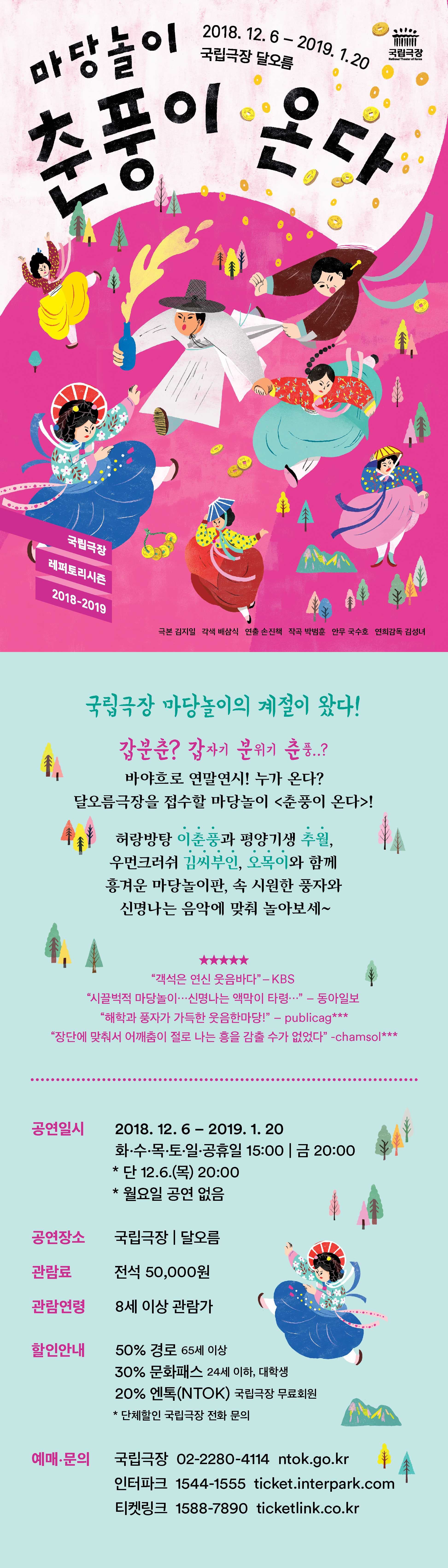 8. 12. 6 - 2019. 1.20 2018. 12. 6 - 20 국립극장 달오름국립극장National Theater of Korea마당놀이 109국립극장레퍼토리시즌2018-2019극본 김지일 각색 배삼식 연출 손진책 작곡 박범훈 안무 국수호 연희감독 김성녀국립극장 마당놀이의 계절이 왔다!갑분춘? 갑자기 분위기 춘풍..?바야흐로 연말연시! 누가 온다? 달오름극장을 접수할 마당놀이 춘풍이 온다!허랑방탕 이춘풍과 평양기생 추월, 우먼크러쉬 김씨부인, 오목이와 함께 흥겨운 마당놀이판, 속 시원한 풍자와 신명나는 음악에 맞춰 놀아보세~객석은 연신 웃음바다- KBS 시끌벅적 마당놀이... 신명나는 액막이 타령... - 동아일보해학과 풍자가 가득한 웃음한마당!- publicag*** 장단에 맞춰서 어깨춤이 절로 나는 흥을 감출 수가 없었다 -chamsol***공연일시2018. 12. 6 - 2019. 1. 20 화·수·목·토·일·공휴일 15:00 | 금 20:00 * 단 12.6.(목) 20:00 * 월요일 공연 없음공연장소국립극장 달오름관람료전석 50,000원 8세 이상 관람가관람연령할인안내50% 경로 65세 이상 30% 문화패스 24세 이하, 대학생 20% 엔톡(NTOK) 국립극장 무료회원 * 단체할인 국립극장 전화 문의예매 문의국립극장 02-2280-4114 ntok.go.kr 인터파크 1544-1555 ticket.interpark.com 티켓링크 1588-7890 ticketlink.co.kr