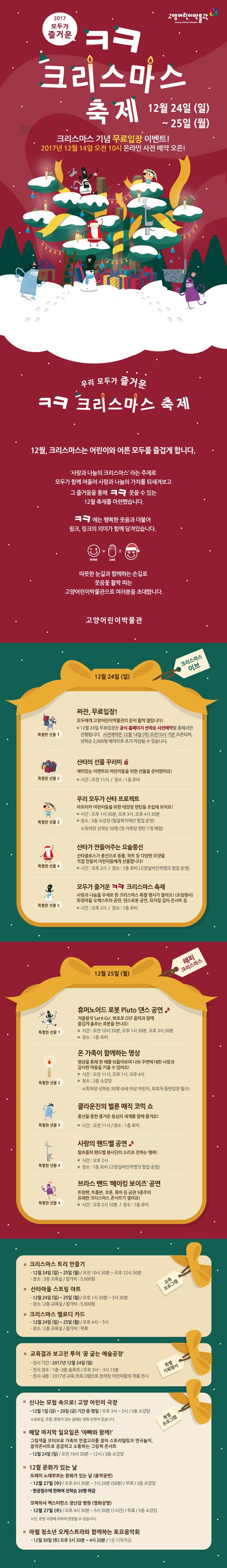 고양어린이박물관 2017 모두가 즐거운 ㅋㅋ 크리스마스 축제 12월 24일(일) ~ 25일(월) 크리스마스 기념 무료입장 이벤트! 2017년 12월 14일 오전 10시 온라인 사전예약 오픈! 우리 모두가 즐거운 ㅋㅋ 크리스마스 축제 12월, 크리스마스는 어린이와 어른 모두를 즐겁게 합니다. 사랑과 나눔의 크리스마스라는 주제로 모두가 함께 어울려 사랑과 나눔의 가치를 되새겨보고 그 즐거움을 통해 ㅋㅋ 웃을 수 있는 12월 축제를 마련했습니다. ㅋㅋ 에는 행복한 웃음과 더불어 윙크, 링크의 의미가 함께 담겨있습니다. 따뜻한 눈길과 함께하는 손길로 웃음꽃 활짝 피는 고양어린이박물관으로 여러분을 초대합니다. 고양어린이박물관  크리스마스 이브 12월24일(일) 특별한 선물 1 짜잔, 무료입장! 모두에게 고양어린이박물관의 문이 활짝 열립니다! 12월 24일 무료입장은 공식 홈페이지 선착순 사전예약을 통해서만 진행됩니다. 사전예약은 12월 14일(목) 오전 10시 기준 오픈되며, 선착순 2,000명 예약으로 조기 마감될 수 있습니다. 특별한 선물 2 산타의 선물 꾸러미 재미있는 이벤트와 어린이들을 위한 선물을 준비했어요! 시간 오전 11시 / 장소 1층 로비 특별한 선물 3 우리 모두가 산타 프로젝트 아프리카 어린이들을 위한 태양광 렌턴을 조립해 보아요! 시간 오후 1시 39분, 오후 3시, 오후 4시 30분 장소 3층 소강당(밀알복지재단 협업 운영) 회차당 선착순 50명(한 가족당 렌턴 1개 체험) 특별한 선물 4 산타가 만들어주는 요술풍선 산타클로스가 풍선으로 동물, 하트 등 다양한 모양을 직접 만들어 어린이들에게 선물합니다! 시간 오후 2시 / 장소 1층 로비(고양실버인력뱅크 협업 운영) 특별한 선물 5 모두가 즐거운 ㅋㅋ 크리스마스 축제 사랑과 나눔을 주제로 한 크리스마스 특별 행사가 열려요!(초청행사) 화정마을 오케스트라 공연, 댄스로봇 공연, 뮤지컬 갈라 콘서트 등 시간 오후2시  / 장소 1층 로비 해피 크리스마스 12월 25일(월) 특별한 선물 1 휴머노이드 로봇 Pluto 댄스 공연 겨울왕국 Let it Go 뽀로로 OST음악과 함께 즐겁게 춤추는 로봇을 만나요! 시간 오전 10시 30분, 오후 1시 30분, 오후 3시 30분 장소 1층 로비 특별한 선물 2 온 가족이 함께하는 명상 명상을 통해 한 해를 되돌아보며 나와 주변에 대한 사랑과 감사한 마음을 키울 수 있어요! 시간 오전 11시 오후1시 오후4시 장소 3층 소강당 회차당 선착순 30명(6세 이상 어린이 보호자 동반입장 필수) 특별한 선물3 클라운진의 벌룬 매직 코믹 쇼 풍선을 통한 즐거운 동심의 세계를 함께 즐겨요! 시간 오전11시 장소 1층 로비 특별한 선물 4 사랑의 핸드벨 공연 함초롬히 핸드벨 봉사단의 소리로 전하는 행복! 시간 오후2시 장소 1층 로비(고양실버인력뱅크 협업 운영) 특별한 선물 4 브라스 밴드 메이킹 보이즈 공연 트럼펫, 트롬본, 호른, 튜바 등 금관 5중주의 유쾌한 크리스마스 콘서트가 열려요! 시간 오후2시10분 / 장소 1층 로비 교육 프로그램 크리스마스 트리 만들기 12월 24일(일) ~ 25일(월) 오전 10시30분 ~ 오후 12시 30분 장소 3층 교육실 참가비 5,000원 산타마을 스트링 아트 12월 24일(일) ~ 25일(월) 오후 1시 30분 ~ 3시 30분 장소 2층 교육실 참가비 5,000원 크리스마스 멜로디 카드 12월 24일(일) ~ 25일(일) 오후 4시 ~ 5시 장소 2층 교육실 참가비 무료 특별 기획행사 교육결과 보고전 투어 꿈 굽는 예술공장 전시기간 2017년 12월 24일(일) 전시장소 1층 ~ 3층 슬로프 오후 3시 ~ 3시 15분 전시 내용 2017년 교육 프로그램으로 창작된 어린이들의 작품 전시 특별 프로그램 신나는 모험 속으로! 고양 어린이 극장 12월 1일(끔) ~ 29일(금) 기간 중 평일 오후 3시 ~ 5시 3층 소강당 공휴일, 주말, 문화가 있는 날에는 영화 상영이 없습니다. 매달 마지막 일요일은 아빠와 함께! 그림책을 모티브로 가족의 연결고리를 찾아 스토리텔링과 연극놀이, 음악콘서트로 공감하고 소통하는 그림책 콘서트 12월24일(일) 오전 10시30분 ~ 12시 3층 소강당 12월 문화가 있는 날 도레미 노래부르는 문화가 있는 날(음악공연) 12월 27일(수) 오후 6시 30분 ~ 7시 20분(50분) 무료 3층 소강당 현장접수에 한하여 선착순 20명 마감 꼬마의사 맥스터핀스 장난감 병원(영화상영) 12월 27일(수) 오후 4시 30분 ~ 5시 30분(1시간) 무료 3층 소강당 단, 운영 사정에 의하여 변경될 수 있습니다. 아첼 청소년 오케스트라와 함께하는 토요음악회 12월 30일(토) 오후 3시 30분 ~ 4시 20분 1층 다목적실