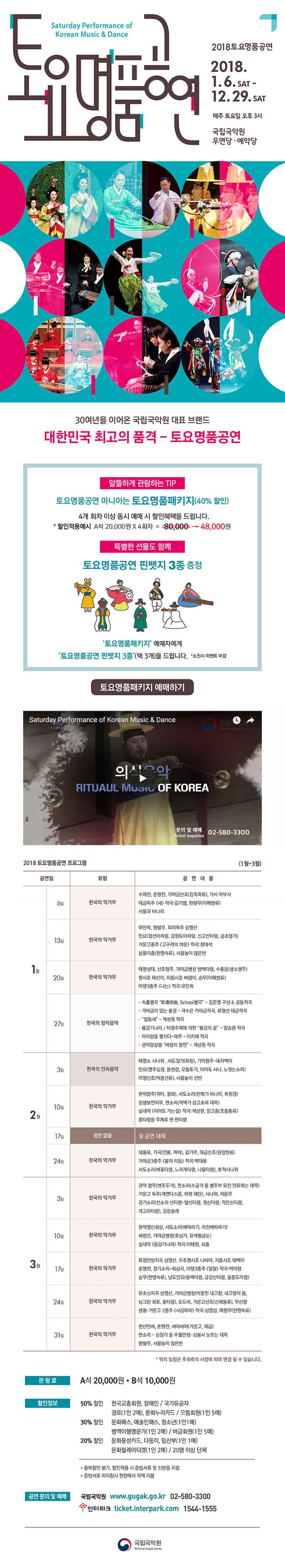 2018 토요명품공연 2018.1.6.SAT - 12.29.SAT 매주 토요일 오후 3시 국립국악원 우면당.예악당 30여년을 이오온 국립국악원 대표 브랜드 대한민국 최고의 품격 - 토요명품공연 알뜰하게 관란하는 TIP 토요명품공연 마니아는 토요명품패키지(40% 할인) 4개 회차 이상 동시 예매 시 할인혜택을 드립니다. * 할인적용예시 A석 20,000원 X4회차 = 8만원에서 4만8천원 특별한 선물도 함께 토요명품공연 핀뱃지 3종 증정 토요명품패키지 예매자에게 토요명품공연 핀뱃지 3종(택 3개)을 드립니다. * 소진시 이벤트 마감 토요명품패키지 예매하기 버튼 동영상 2018 토요명품공연 프로그램 (1월~3월) 공연일 1월 6일 유형 한국의 악가무 공연내용 수제천, 춘앵전, 가야금산조(김죽파류), 가사 어부사, 대금독주 새 작곡 : 김기범, 한량무(이매방류) 사물과 비나리 공연일 1월13일 유형 한국의 악가무 공연내용 여민락, 향발무, 피리독주 상영산, 민요(정선아리랑, 강원도아리랑, 신고산타령, 궁초댕기) 거문고중주 고구려의 여운 작곡; 정대석 살풀이춤(한영숙류), 사물놀이 앉은반 공연일 1월 20일 유형 한국의 악가무 공연내용 태평성대, 산조합주, 가야금병창 범벅타령, 수룡음(생소병주), 평시조 태산이, 지름시조 바람아, 승무(이매방류), 아쟁 3중주 나는 작곡: 유민희 공연일 1월 27일 유형 한국의 창작음악 공연내용 숙훌별곡 肅훌別曲, SCHOOL 별곡 - 김준영 구성 앤 공동작곡 가야금이 있는 풍경 - 곽수은 가야금작곡, 류형선 대금작곡 접동새 - 계성원 작곡 룡강기나리 / 타령주제에 의한 룡강의 꿈 - 양승환 작곡 아리랑을 펼치다 -해주 - 이지혜 작곡 관악앙상블 바람의 향연 - 계성원 작곡 공연일 2월 3일 유형 한국의 민속음악 공연내용 태평소 시나위, 서도잡기(좌창), 기악합주 - 육자백이 민요(영주십경, 용천검, 오돌도끼, 이어도 사나, 노젓는 소리) 아쟁산조(박종선류), 사물놀이 선반 공연일 2월 10일 유형 한국의 악가무 공연내용 현악합주(취타, 절화), 서도소리(반메기 비나리, 축원경) 장생보연지무, 판소리(적벽가 삼고초려 대복) 실내악 이어도 가는 길 작곡: 계성원, 장고춤(조흥동류) 흥타령을 주제로 한 한타령 공연일 2울 17일 유형 공연 없음 공연내용 설 공연 대체 공연일 2월 24일 유형 한국의 악가무 대풍류, 가곡(언롱, 계락), 검기무, 대금사존(원장현류), 가야금2중주 봄의 리듬 작곡:백대웅, 서도소리(배꽃타령, 느리게타령, 나물타령), 호적시나위 공연일 3월 3일 유형 한국의 악가무 공연내용 관악 합주(변조두거), 판소리(수궁가 중 별주부 모친 만류하는 대목), 거무고 독주(계면다스름, 하현 해탄), 시나위, 처용무, 경기소리(선소리 산타령-앞산타령, 뒷산타령, 작은산타령, 개고리타령), 강강술래 공연일 3월 10일 유형 한국의 악가무 공연내용 현악영산회상, 서도소리(배따라기, 자진배따라기), 세령산, 가야금병창(호남가, 유색황금눈) 실내악 용강기나리 작곡:이태원, 쇠춤 공연일 3월 17일 유형 한국의 악가무 공연내용 평정만방지곡 상영산, 우조평시조 나비야, 지름시조 태백이 춘앵전, 경기소리-회심곡, 아쟁3중주 일탈 작곡 박미향 승무(한영숙류), 남도민요(동백타령, 금강산타령, 울릉도타령) 공연일 3월 24일 유형 한국의 악가무 공연내용 유초신지곡 상영산, 가야금병창(박꽃핀 내고향, 내고향이 봄, 님그린 회포, 꽃타령), 도드리, 거문고산조(신쾌동류), 무산향, 생황.거문고 2중주 사금파리 작곡:심영섭, 태평무(한영숙류) 관람료 A석 20,000원 B석 10,000원 할인정보 50% 할인 한국교총회원, 장애인/국가유공자, 경로(1인2매), 문화누리카드 / 으뜸회원(1인5매) 30%할인 문화패스, 예술인패스, 청소년(1인1매), 병역이행명문가(1인2매) / 버금회원(1인5매) 20%할인 문화융성카드, 다둥이, 임산부(1인1매), 문화릴레이티켓(1인2매) / 20명 이상 단체 * 중복할인불가, 할인적용시 증빙서류 및 신분증 지참 * 증빙서류 미지참시 현장에서 차액지불 공연 문의 및 예매 국립국악원 www.hugak.go.kr 02-580-3300 인터팤 ticket.interpark.com 1544-1555 국립국악원