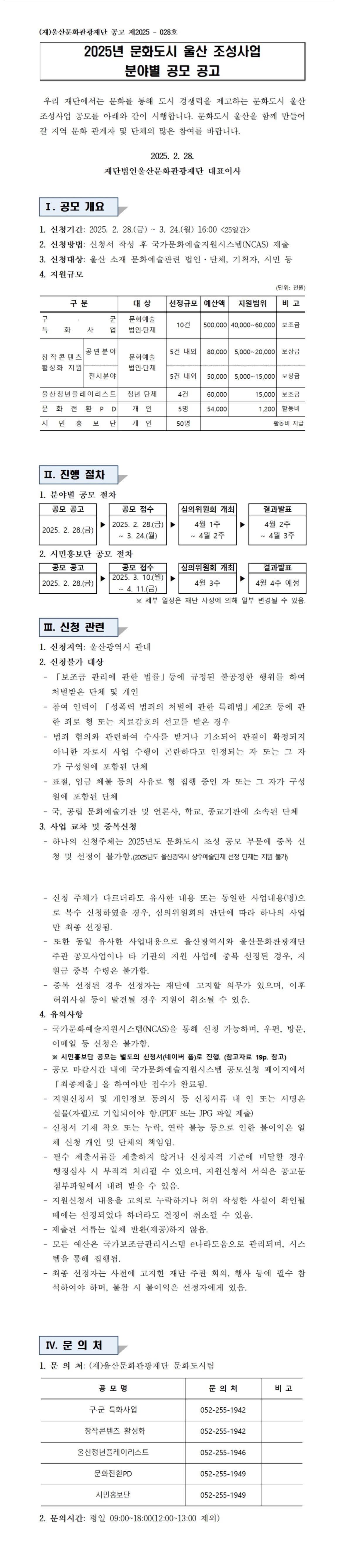2025년 문화도시 울산 조성사업 분야별 공모 공고