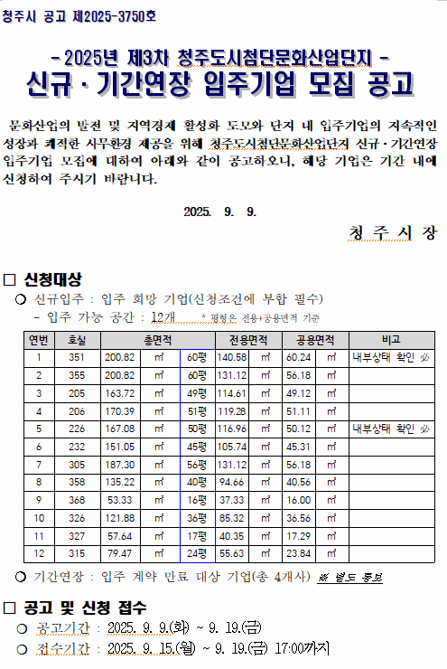 2025년 제3차 청주도시첨단문화산업단지 신규, 기간연장 입주기업 모집 공고