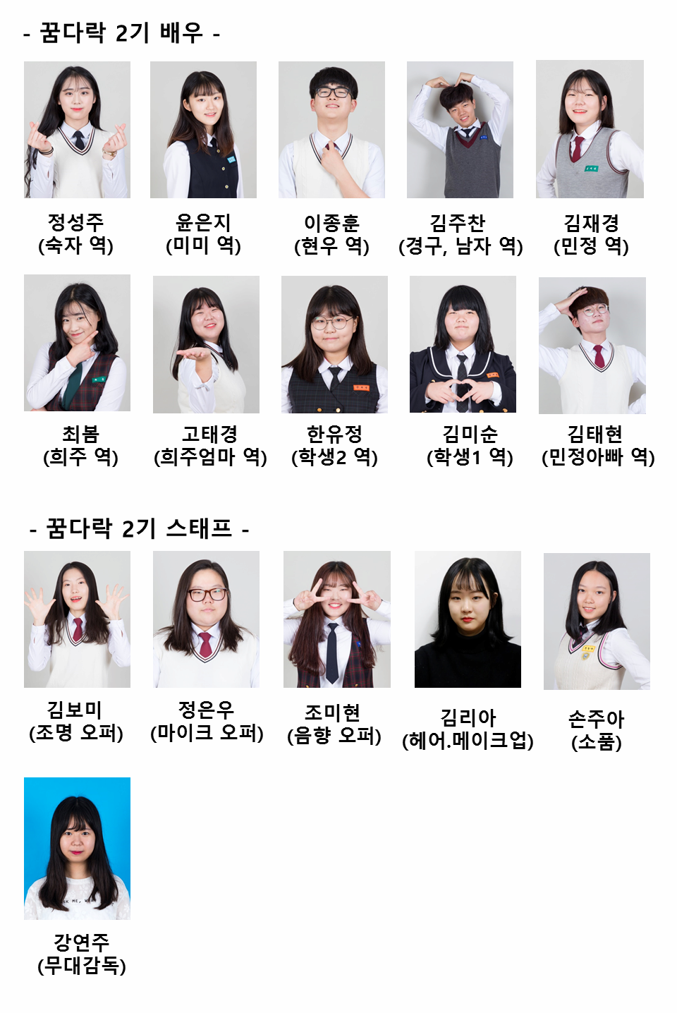 꿈다락 2기 배우 정성주(숙자 역) 윤은지(미미 역) 이종훈(현우 역) 김주찬(꼉구 남자 역) 김재경(민정 역) 최봄(희주 역) 고태경(희주엄마 역) 한유정(학생2역) 김미순(학생1 역) 김태현(민정아빠 역) 꿈다락 2기 스태프 김보미(조명 오퍼) 정은우(마이크 오퍼) 조미현(음향 오퍼) 김리아(헤어. 메이크업) 손주아(소품) 강연주(무대감독) 