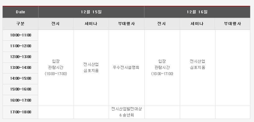 Date 12월 15일 12월 16일 구분 전시 세미나 부대행사 전시 세미나 부대행사 10:00~17:00 입장 관람시간(10:00~17:00) 전시산업 심포지움 우수전시설명회 입장관람시간(10:00~17:00) 전시산업 심포지움 17:00~18:00 전시산업발전대상 송년회