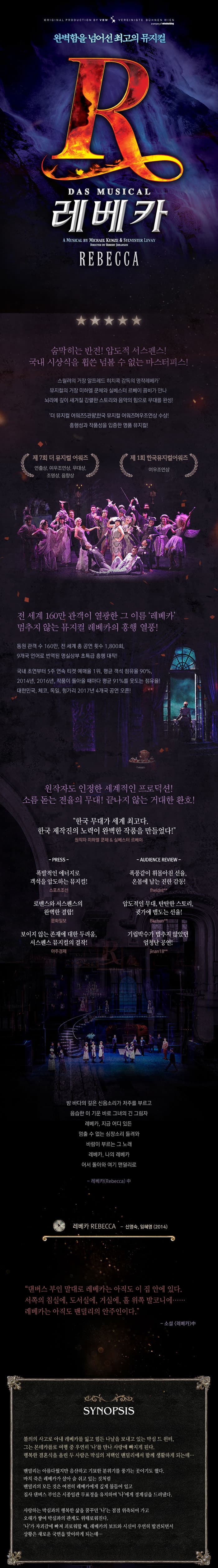 완벽함을 넘어선 최고의 뮤지컬 레베카 REBECCA 숨막히는 반전! 압도적 서스펜스! 국내 시상식을 휩쓴 넘볼 수 없는 마스터피스! 스릴러의 거장 알프레드 히치콕 감독의 명작 레베카 뮤지컬의 거장 미하엘 쿤체와 실베스터 르베이 콤비가 만나 뇌리에 깊이 새겨질 경렬한 스토리와 음악의 힘으로 무대를 완성! 더 뮤지컬 어워즈 5관왕 한국 뮤지컬 어워즈 여우조연상 수상! 흥행성과 작품성을 입증한 명품 뮤지컬! 제7회 더 뮤지컬 어워즈 연출상, 여우조연상, 무대상 조명상, 음향상 제1회 한국뮤지컬어워즈 여우조연상 전 세계 160만 관객이 열광한 그 이름 레베카 멈추지 않는 뮤지컬 레베카의 흥행 열풍! 동원 관객 수 160만 전 세계 총 공연 횟수 1,800회  9개국 언어로 번역된 명실상부 초특급 흥행 대작! 국내 초연부터 5주 연속 티켓 예매율 1위 평균 객석 점유율 90% 2014년,2016년 작품이 돌아올 때마다 평균 91%를 웃도는 점유율! 대한민국,체코,독일,헝가리 2017년 4개국 공연오픈! 원작자도 인정한 세계적인 프로덕션! 소름 돋는 전율의 무대! 끝나지 않는 거대한 환호! 한국 무대가 세계 최고다. 한국 제작진의 노력이 완벽한 작품을 만들었다! 원작자 미하엘 쿤체앤 실베스터 르베이 PRESS 폭발적인 에너지로 객석을 압도하는 뮤지컬! 스포츠조선 로맨스와 서스펜스의 완벽한 결합! 문화일보 보이지 않는 존재에 대한 두려움 서스펜스 뮤지컬의 걸작! 아주경제 AUDIENCE REVIEW 폭풍같이 휘몰아친 선율, 온몸에 남는 진한 감동! fheldnt** 압도적인 무대, 탄탄한 스토리, 귓가에 맴도는 선율! Bkchun** 기립박수가 멈추지 않았던 엄청난 공연! jinan18** q밤 바다의 깊은 신음소리가 저주를 부르고 음습한 이 기운 바로 그녀의 긴 그림자 레베카, 지금 어디있든 멈출 수 없는 심장소리 들려와 바람이 부르는 그 노래 레베카,나의 레베카 어서 돌아와 여긴 맨덜리로 레베카(Rebecca) 中 레베카 REBECCA 신영숙,임혜영(2014) 댄버스 부인 말대로 레베카는 아직도 이 집 안에 있다. 서쪽의 침실에,도서실에,거실에,홀 위쪽 발코니에..... 레베카는 아직도 멘덜리의 안주인이다. 소설 레베카 中 SYNOPSIS 불의의 사고로 아내 레베카를 잃고 힘든 나날을 보내고 있는 막심드 윈터, 그는 몬테카를로 여행 주 우연히 나를 만나 사랑에 빠지게 된다. 행복한 결혼식을 올린 두 사람은 막심의 저택인 멘덜리에서 함께 생활하게 되는데... 멘덜리는 아름다웠지만 음산하고 기묘한 분위기를 풍기는 곳이기도 했다. 마치 죽은 레베카가 살아 숨 쉬고 있는 것처럼 멘덜리의 모든 것은 여전히 레베카에게 깊이 물들어 있고 집사 댄버스 부인은 시종일관 무표정을 유지하며 나에게 경계심을 드러낸디. 사랑하는 막심과의 행복한 삶을 꿈꾸던 나는 점점 위축되어 가고 오해가 쌓여 막심과의 관계도 위태로워진다. 나가 자괴감에 빠져 괴로워할 때, 레베카의 보트와 시신이 우연히 발견되면서 상황은 새로운 국면을 맞이하게 되는데...