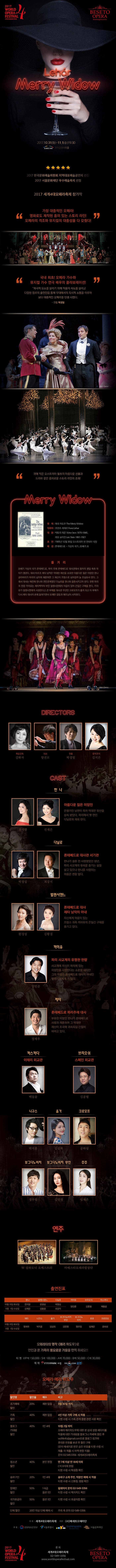 2017 WORLD OPERA FESTIVAL 세계4대오페라축제 BESETO OPERA Lehar Merry Widow 2017.10.31(화) ~ 11.1(수) 19:30 우리금융아트홀 2017 한국문화예술위원회 지역대표예술공연제 선정 2017 서울문화재단 우수예술축제 선정 2017 세계4대오페라축제 참가작 가장 대중적인 오페라! 영화로도 제작된 흥미 있는 스토리 라인! 오페라의 격조와 뮤지컬의 대중성을 다 갖췄다! 국내 최초! 오페라 가수와 뮤지컬 가수 연극 배우의 콜라보레이션! 희극적 요소를 살리기 위해 작품의 속도를 살리고 다양한 장르의 출연진을 통해 무대에서의 즉사적 소통을 이루어 보다 대중적인 오페라를 탄생시켰다. 연출 박경일 귀에 익은 오스트리아 왈츠의 아름다운 선율과 드라마 같은 흥미로운 스토리 라인의 조화! Merry Widow 원제 메리 위도우 작곡자 프란츠 레하르 대본 빅토리 레온 레오 슈타인 초연 1905년 12월 30일 오스트리아 빈 안데아 극장 배경 폰테베드로 - 가상의 국가. 20세기 초 줄거리 20세기 가상의 국가 폰테베드로, 파리 주제 폰테베드로 대사관에서 왕자의 생일 축하 파티가 열린다. 대사 마르코 제타 남작은 막대한 재산을 소유한 아름다운 젊은 미망인 한나 글라바리가 파리의 남자와 재혼하면 그 재산이 프랑스로 넘어갈까 늘 조심초사 한다. 그래서 대사는 예전에 한나의 연인관계였던 다닐로를 한나와 결혼시키고자 한다. 한편 파리의 한량 카미유는 제타백작의 부인 발렌시엔에게 마음이 있어 끈질긴 구매를 한다. 카미유가 발렌시엔에게 사랑한다고 쓴 부채를 대사관 무관인 크로모프가 줍게 되고 이 부채가 다시 채타 대사의 손에 들어가면서 유쾌한 갈등과 해프닝이 시작된다. DIRECTORS 예술감독 강화자 지휘 양진모 연출 박경일 음악코치 김지은 CAST 한나 전지영 신재은 아름다운 젊은 미망인 은행가인 남편이 죽어 막대한 유산을 상속 받았다. 파리에서 옛 연인 다닐로와 재회 한다. 다닐로 박정섭 최강지 폰테베드로 대사관 서기관 한나가 결혼 전 사랑했었던 청년. 파리 시교계의 유희를 즐기는 삶을 살고 있으나 한나를 사랑하는 마음은 변함 없다.  발렌시엔느 한경성 김황경 폰테베드로 대사 제타 남작의 아내 자신에게 마음이 있는 프랑스 귀족 까미유의 끈지긴 구애를 즐기고 있다. 까미유 양인준 파리 사교계의 유명한 한량 사교계에 자신이 파리에 있는 미망인을 사랑한다는 소문을 내지만 그의 마음은 폰테베드로 대사의 아내인 벨렌시엔에게 가 있다. 제타 폰테베드로 파리주재 대사 부유한 미망인 한나가 폰테베드로 사람과 재혼하여 그 막대한 재산이 조국에 귀속되길 간절히 바라고 있다. 까스까다 이태리 외교관 백동윤 브리오쉬 스페인 외교관 김종형 니구스 박지훈 올가 김설희 크로모프 공하성 보그다노비치 정우일 보그다노비치 부인 김민정 쥬쥬 임채은 연주 W 필하모닉 오케스트라 마에스티오페라합창단 출연진표 한나 발렌시엔느 다닐로 까미유 브리오쉬 까스까다 10월31일 화요일 전지영 한경성 박정섭 양인준 김종형 백동윤 11월 1일 수요일 신재은 김황경 최강지 제타 니구스 울가 보그다노비치 부인 보그다노 비치 쥬쥬 크로모프 10월 31일 화요일 11워 1일 수요일 정제우 박지훈 김설희 김민정 정우일 임채은 공하성 오페라타의 명자 메리 위도우로 연인과 온 가족이 평화로운 가을을 만끽 하세요!! 티켓 VIP석 150,000원 / S석 100,000원 / A석 70,000원 / B석 50,000원 / C석 30,000원 예매 INTERPARK 티켓 YES24.COM 공연 오페라 메리 위도우 Discount 할인명 할인율 매수 비고 조기예매 할인 20% 제한 없음 9월 30일 까지 가족할인 40% 제한 없음 4인 이상 가족 구매 시 적용 티켓 수령 시 가족관계 증명관련 서류 확인 블로그 기대평 할인 40% 1인 4매 10월 2일까지 오페라 메리위도우에 대한 본 상세 설명 페이지를 작품에 대한 기대평을 블로그나 카페에 올린 후 wof4info@gmail.com으로 블로그 링크와 휴대폰 번호를 보낸 후 할인구매(문자메시지로 받은 승인 번호를 티켓 수령 시 제출 미제출 시 차액현장 지불) 문의 02-549-3356 세계4대오페라축제 청소년 할인 40% 본인 한정 만7세 이상 만 18세 이하 C석 B석에 한함 티켓 수령 시 학생증 확인 송파구민 할인 20% 1인 4매 송파구 소재 주민, 직장인 예매 시 적용 티켓 수령 시 신분증 명함 확인 장애인 할인 50% 1~6급 동반 1인 휠체어석 문의 02-549-3356 티켓 수령 시 복지카드 확인 국가유공자 할인 50% 동반1인 티켓 수령 시 유공자증 확인 단체할인 20인 이상 단체 예매 시 주최 측 문의 02-549-3356 주최 세계4대오페라축제 주관 (사)베세토오페라단 후원 문화체육관광부 서울특별시 한국문화예술위원회 서울문화재단 2017 WORLD OPERA FESTIVAL 문의 세계4대오페라축제 02-549-3356 www.worldoperafestival.com BESETO OPERA
