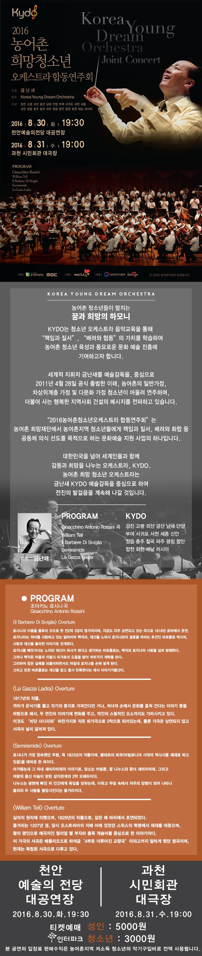 금난새와 함께하는 농어촌 희망 청소년 오케스트라 2016 농어촌희망청소년오케스트라 합동연주회 지휘: 금난새 연주: Korea Young Dream Orchestra 지부: 강진 고령 괴산 금산 남해 단양 부여 서귀포 서천 세종 신안 정읍 충주 칠곡 파주 평창 함안 합천 화천 해남 러시아 2016.8.30.화.19:30 천안예술의전당 대공연장 2016.8.31.수.19:00 과천 시민회관 대극장 프로그램 Gioacchino Antonio Rossini / William Tell, ⅡBarbiere Di Siviglia, Semiramide, La Gazza Ladra Korea Young Dream Orchestra 농어촌 청소년들이 펼치는 꿈과 희망의 하모니 KYDO는 청소년 오케스트라 음악교육을 통해 책임과 질서, 배려와 협동의 가치를 학습하여 농어촌 청소년 육성과 풍요로운 문화 예술 진흥에 기여하고자 합니다. 세계적 지휘자 금난새를 예술감독을, 중심으로 2011년 4월 28일 공식 출범한 이래, 농어촌의 일반가정, 차상위계층 가정 및 다문화 가정 청소년이 어울려 연주하며, 더불어 사는 행복한 지역사회 건설의 메세지를 전파하고 있습니다. 2016농어촌청소년오케스트라 합동연주회는 농어촌 희망재단에서 농어촌지역 청소년들에게 책임과 질서, 배려와 화합 등 공동체 의식 선도를 목적으로 하는 문화예술 지원 사업의 하나입니다. 대한민국을 넘어 세계인들과 함께 감동과 희망을 나누는 오케스트라, KYDO. 농어촌 희망 청소년 오케스트라는 금난새 KYDO 예술감독을 중심으로 하여 전진의 발검을 계속해 나갈 것입니다. 지휘: 금난새 프로그램 Gioacchino Antonio Rossini 곡 William Tell, ⅡBarbiere Di Siviglia, Semiramide, La Gazza Ladra KYDO 강진 고령 괴산 금산 남해 단양 부여 서귀포 서천 세종 신안 정읍 충주 칠곡 파주 평창 함안 합천 화천 해남 러시아 프로그램 조아키노 로시니 곡 Gioacchino Antonio Rossini ⅡBarbiere Di Siviglia Overture 로시니의 이름을 불후의 것으로 한 전2막 3장의