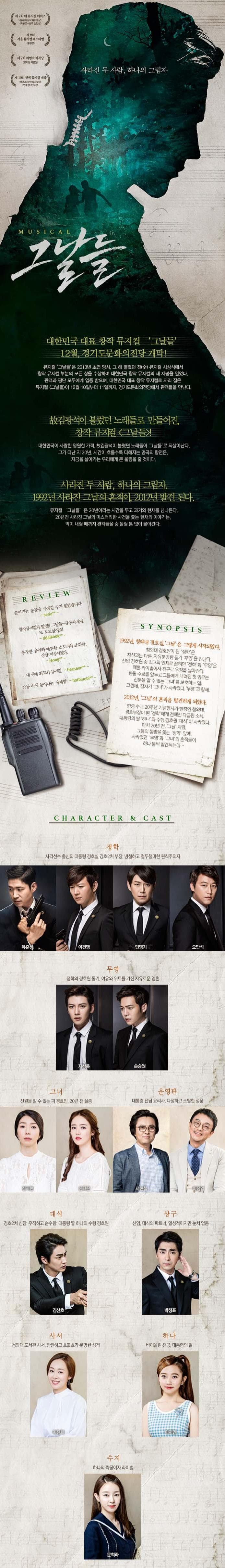 제7회 더 뮤지컬 어워즈 올해의 창작 뮤지컬상 극본상 남우 신인상 제2회 서울 뮤지컬 페스티벌 훙흥행상 제7회 차범석 희곡상 뮤지컬 극본상 제19회 한국 뮤지컬 대상 베스트 창작 뮤지컬상 연출상 안무상 사라진 두 사람 하나의 그림자 MUSICAL 그날들 대한민국 대표 창작 뮤지컬 그날들 12월 경기도문화의전당 개막! 뮤지컬 그날들은 2013년 초연 당시 그 해 열렸던 전 뮤지컬 시상식에서 창작 뮤지컬 부분의 모든 상을 수상하며 대한민국 창작 뮤지컬의 새 지평을 열었다. 관객과 평단 모두에게 입증 받으며 대한민국 대표 창작 뮤지컬로 자리 잡은 뮤지컬 그날들이 12월 10일부터 11일까지 경기도문화의전당에서 관객들을 만난다.  김광석이 불렀던 노래들로 만들어진 창작뮤지컬 그날들! 대한민국이 사랑한 영원한 가객 김광석이 불렀던 노래들이 그날들로 되살아난다. 그가 떠난 지 20년 시간이 흐를수록 더해지는 명곡의 향연은 지금을 살아가는 우리에게 큰 울림을 줄 것이다. 사라진 두 사람 하나의 그림자 1992년 사라진 그날의 흔적이 2012년 발견 된다. 뮤지컬 그날들은 20년이라는 시간을 두고 과거와 현재를 넘나든다. 20년전 사라진 그날의 미스터리한 사건을 쫒는 현재의 이야기는 막이 내릴 때까지 관객들을 숨 돌릴 틈 없이 몰아간다. REVIEW 쏟아지는 눈물을 주체할 수가 없었습니다. 창작뮤지컬의 발전!! 그날들~ 감동과재미! 또 보고싶어요! 웅장한 음악과 애틋하 스토리의 조화란.. 상상 이상이었다. 내 생애 최고의 뮤지컬 감동 속에 묻어나는 유쾌함 SYNOPSIS 1992년 청와대 경호실 그날은 그렇게 시작되었다. 청와대 경호원이 된 정학은 자신과는 다른 자유분방한 동기 무영을 만난다. 신입 경호원 중 최고의 인재로 꼽히던 정학과 무영은 때론 라이벌이자 친구로 우정을 쌓아간다. 한중 수교를 앞두고 그들에게 내려진 첫 임무는 신분증을 알 수없는 그녀를 보호하는 일. 그런데 갑자기 그녀가 사라졌다. 무영과 함께. 2012년 그날의 흔적을 발견하게 되었다. 한중 수교 20주년 기념행사가 한참인 청와대. 경호부장이 된 정학에게 전해진 다급한 소식. 대통령의 딸 하나와 수행 경호완 대식이 사라졌다. 마치 20년전 그날처럼 사라졌던 무영과 그녀의 흔적들이 하나 둘씩 발견되는데... CHARACTER/CAST 정학 사격선수 출신의 대통령 경호실 경호 2처 부장 냉철하고 청두철미한 원칙주의자 유준상 이건명 민영기 오만석 무영 정학의 경호원 동기 여유와 위트를 가진 자유로운 영혼 지창욱 손승원 그녀 신원을 알 수 없는 피 경호인 20년전 실종 김지현 신고은 운영관 대통령 전담 요리사 다정하고 소탈한 성품 서현철 이정열 대식 경호 2처 신참 우직하고 순수함 대통령 딸 하나의 수행 경호원 김산호 상구 신임 대식의 파트너 열성적이지만 눈치 없음 박정표 사서 청와대 도서관 사서 깐깐하고 호불호가 분명한 성격 이진희 하나 바이올린 전공 대통령의딸 수지 하나의 짝꿍이자 라이벌