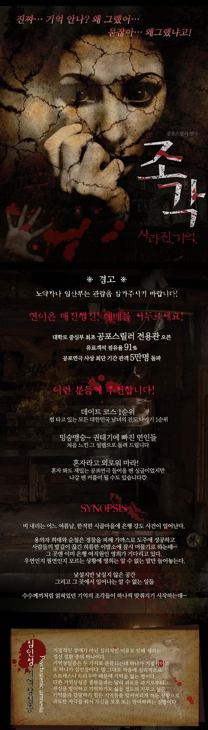 진짜... 기억 안나? 왜 그랬어... 묻잖아... 왜그랬냐고! 공포스릴러연극 조각 사라진 기억 경고 노약자나 임산부는 관람을 삼가주시기 바랍니다! 연이은 매진행진! 예매를 서두르세요! 대학로 중심부 최초 공포스릴로 전용관 오픈 유료객석 점유율 91% 공포연극 사상 최단 기간 관객 5만명 돌파 이런 분들께 추천합니다! 데이트 코스 1순위 썸 타고 있는 모든 대한민국 남녀의 진도 나가기 1순위 밍숭맹숭! 권태기에 바진 연인들 처음 느낀 그 설렘으로 돌려 드립니다 혼자라고 외로워 마라! 혼자 봐도 재밌는 공포연극 들어올 땐 싱글이었지만 나갈 땐 커플이 될 수도 있습니다 SYNOPSIS 비 내리는 어느 날 한적한 시골마을에 은행 강도 사건이 일어난다. 용의자 희태와 순철은 경찰을 피해 가까스로 도주에 성공하고 사람들의 발길이 끊긴 허름한 이발소에 잠시 머물기로 하는데... 그 곳엔 이미 은행 여직원인 영희가 기다리고 있다. 우연인지 필연인지 모르는 상황에 영희는 알 수 없는 말만 늘어놓는다. 낯설지만 낯설지 않은 공간 그리고 그 곳에서 일어나는 알 수 없는 일들 수수께끼처럼 얽혀있던 기억의 조각들이 하나씩 맞춰지기 시작하는데... 심인성 기억상실증 Psychogenic a,nersia 기질적인 장애가 아닌 심리적인 이유로 인해 생기는 정신 질환 중의 하나이다. 기억상실증은 두 가지로 분류되는데 하나가 기질적이고 또 하나가 심인성이다. 말 그대로 마음에 심리적으로 스트레스나 트라우마 때문에 기억을 잃는 병이다. 다른 기억상실증 종류들과는 달리 괴로운 과거로부터 자신을 방어하고 기억하기도 싫을 정도의 기억들과 감당하기 힘든 기억들을 잊어버리게 하는 상황으로 과도한 자극을 줘서 자신을 보호 또는 방어하려는 질병이다.
