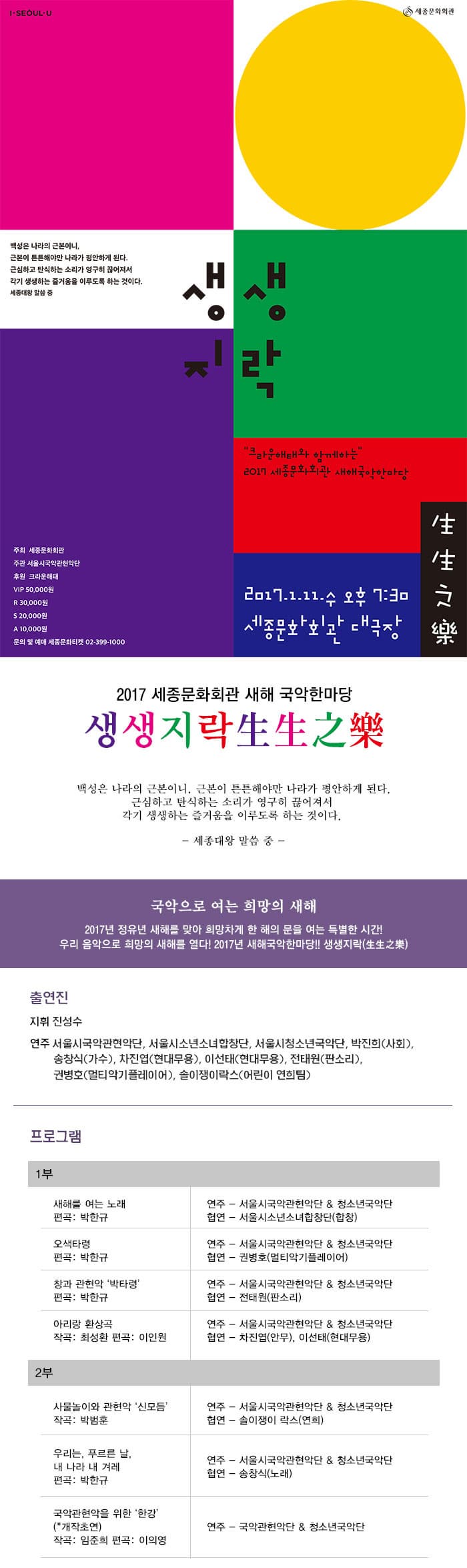 세종문화회관 백성은 나라의 근본이니, 근본이 튼튼해야만 나라가 평안하게 된다. 근심하고 탁시하는 소리가 영구히 끊어져서 각기 생생하는 즐거움을 이루도록 하는 것이다. 세종대왕 말씀 중 생생지락 크라운해태와 함께하는 2017 세종문회회관 새해국악한마당 2017.1.11.수 오후 7:30 세종문화회관 대극장 주최 세종문화회관 주관 서울시국악관현악단 후원 크라운해태 VIP석 50,000원 R석 30,000원 S석 20,000원 A석 10,000원 문의 및 예매 세종문화티켓 02-399-1000 2017 세종문회회관 새해국악한마당 생생지락 生生之樂 백성은 나라의 근본이니, 근본이 튼튼해야만 나라가 평안하게 된다. 근심하고 탁시하는 소리가 영구히 끊어져서 각기 생생하는 즐거움을 이루도록 하는 것이다. -세종대왕 말씀 중- 국악으로 여는 희망의 새해 2017년 정유년 새해를 맞아 희망차게 한 해의 문을 여는 특별한 시간! 우리 음악으로 희망의 새해를 열다! 2017 새해국악한마당!! 생생지락(生生之樂) 출연진 지휘 진성수 연주 서울시국악관현악단, 서울시소년소녀합창단, 서울시청소년국악단, 박진희(사회), 송창식(가수), 차진엽(현대무용), 이선태(현대무용), 진태원(판소리), 권병호(멀티악기플레이어), 솔이쟁이락스(어린이 연희팀) 프로그램 1부 새해를 여는 노래 편곡: 박한규 연주-서울시국악관현악단 앤 청소년국악단 협연-서울시소년소녀합창단(합창) 오색타령 편곡:박한규 연주-서울시국악관현악단 앤 청소년국악단 협연-권병호(멀티악기플레이어) 창과 관현악 박타령 편곡 박한규 연주-서울시국악관혁악단 앤 청소년국악단 협연-전태원(판소리) 아리랑 환상곡 작곡:최성환, 편곡: 이인원 연주-서울시국악관혁악단 앤 청소년국악단 협연-차진엽(안무), 이선태(현대무용) 2부 사물놀이와 관현악 신모듬 작곡: 박범훈 연주-서울시국악관현악단 앤 청소년국악단 협연-솔이쟁이 락스(연희) 우리는, 푸르른 날, 내 나라 내 겨례 편곡: 박한규 연주-서울시국악관현악단 앤 청소년국악단 협연-송착식(노래) 국악관현악을 위한 한강(*개작초연) 작곡:임준희, 편곡: 이의영 연주-국악관현악단 앤 청소년국악단