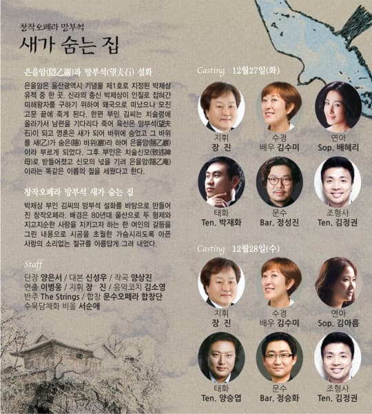 창작오페라 새가 숨는 집 은을암과 망부석 설화 은을암은 울산광역시 기념물 제1호로 지정된 박제상 유적 중 한 곳. 신라의 충신 박제상이 인질로 잡혀간 미해왕자를 구하기 위하여 왜국으로 떠났으나 모진 고문 끝에 죽게 된다. 한편 부인 김씨는 치술령에 올라가서 남편을 기다릳 죽어 육신은 망부석이 되고 영혼은 새가 되어 바위에 숨었고 그 바위를 새가숨은 바위라 하여 은을암이라 부르게 되었다. 그후 부인은 치술신모로 받들어졌고 신모의 넋을 기려 은을암이라는 똑같은 이름의 절을 세웠다고 한다. 창작오페라 망부석 새가 숨는집 박제상 부인 김씨의 망부석 설화를 바탕으로 만들어진 창작오페라. 배경은 80년대 울산으로 두 형제와 지고지순한 사랑을 지키고자 하는 한 여인의 갈등을 그린 내용으로 시공을 초월한 가슴시리도록 아픈 사랑의 소리없는 절규를 아름답게 그려 내었다. staff 단장 양은서 대본 신성우 작곡 양성진 연출 이병웅 지휘 장 진 음악코치 김소영 반주 The Strings 합창 문수오페라 합창단 수묵담채화 비올 서순애 Casting 12월 27일(화) 지휘 장진 수경 배우 김수미 연아 Sop. 배혜리 태화 Ten.박재화 문수 Bar. 정성진 조형사 Ten. 김정권 Casting 12월 28일(수) 지휘 장진 수경 배우 김수미 연아 Sop. 김아름 태화 Ten. 양승엽 문수 Bar. 정승화 조형사 Ten. 김정권
