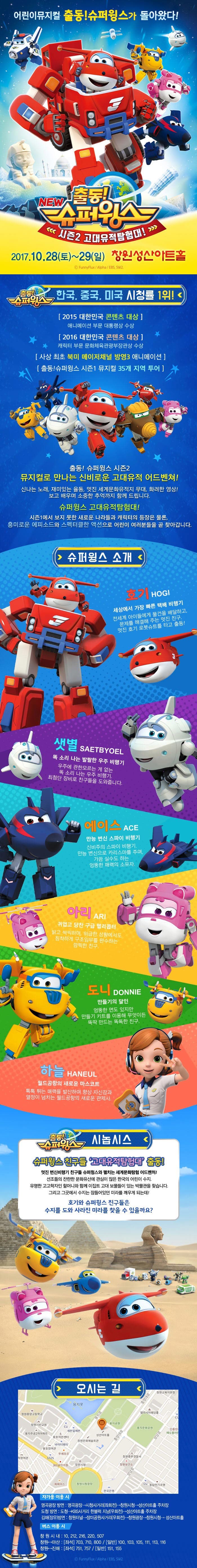 어린이뮤지컬 출동! 슈퍼윙스가 돌아왔다! NEW 출동! 슈퍼윙스 시즌2 고대유적탐험대! 2017.10.28(토) ~ 29(일) 창원성산아트홀 출동! 슈퍼윙스 한국, 중국, 미국 시청률 1위! 2015 대한민국 콘텐츠 대상 애니메이션 부문 대통령상 수상 2016 대한민국 콘텐츠 대상 캐릭터 부문 문화체육관광부장관상 수상 사상 최초 북미 메이저채널 방영3 애니메이션 출동! 슈퍼윙스 시즌1 뮤지컬 35개지역 투어 출동! 슈퍼윙스 시즌2 뮤지컬로 만나는 신비로운 고대유적 어드벤쳐! 신나는 노래, 재미있는 율동, 멋진 세계문화유적지 무대, 화려한 영상 보고 배우며 소중한 추억까지 함께 드립니다. 슈퍼윙스 고대유적탐험대! 시즌1에서 보지 못한 새로운 나라들과 캐릭터의 등장은 물론 흥미로운 에피소드와 스펙터클한 액션으로 어린이 여러분들을 곧 찾아갑니다 슈퍼윙스 소개 호기 세상에서 가장 빠른 택배 비행기 전세계 아이들에게 물건을 배달하고 문제를 해결해주는 멋진 친구 멋진 호기 로봇슈트를 타고 출동! 샛별 똑 소리 나는 발랄한 우주 비행기 우주에 관한모르는게 없는 똑 소리나는 우주 비행기 최첨단 장비로 친구들을 도와줍니다. 에이스 만능 변신 스파이 비행기 신비주의 스파이 비행기 만능 변신으로 카리스마를 주며 가끔 실수도 하는 엉뚱한 매력의 소유자 아리 귀엽고 당찬 구급 헬리콥터 밝고 씩씩하며 위급한 상황에서도 침착하게 구조임무를 완수하는 깜찍한 친구 도니 만들기의 달인 엉뚱한 면도 있지만 만들기 키트를 이용해 무엇이든 뚝딱 만드는 똑똑한 친구 하늘 월드공항의 새로운 마스코트 톡톡 튀는 매력을 발산하며 항상 자신감과 열정이 넘치는 월드공항의 새로운 관제사. 출동! 슈퍼윙스 시놉시스 슈퍼윙스 친구들 고대유적탐험대 출동! 멋진 변신비행기 친구들 슈퍼윙스와 펼치는 세계문화탐험 어드벤처! 선조들의 찬란한 문화유산에 관심이 많은 한국의 어린이 수지. 유명한 고고학자인 할머니와 함께 이집트 고대 보물들이 있는 박물관을 찾습니다. 그리고 그곳에서 수지는 잠들어있던 미라를 깨우게 되는데! 호기와 슈퍼윙스 친구들은 수지를 도와 사라진 미라를 찾을 수 있을까요? 오시는 길 자가용 이용 시 명곡광장 방면 명곡광장 시청사거리(좌회전) 창원시청 성산아트홀 주차장 도청 방면 도청 KBS사거리 한블럭 지남(우회전) 성산아트홀 주차장 김해(장유)방면 창원터널 장미공원사거리(우회전) 창원광장 창원시청 성산아트홀 버스 이용 시 창원시내 10, 212, 216, 220, 607 창원 마산 좌석 703, 710, 800 일반 100, 103, 105, 111, 113, 116 창원 진해 좌석 751, 757 일반 151, 155