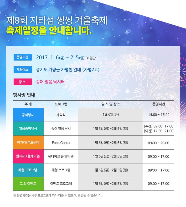 제8회 자라섬 씽씽 겨울축제 축제일정을 안내합니다. 운영기간 2017.1.6 금~ 2.5 일 31일간 개최장소 경기도 가평군 가평천 일대(가평2교) 장소 송어 얼음 낚시터 행사장 안내 주제 프로그램 일시 및 장소 운영시간 공식행사 개막식 1월 6일 금 14:00~16:00 얼음송어낚시 송어 얼음 낚시 1월 6일 금 2월 5일 일 주간 09:00~17:00 야간 17:30~21:00 먹거리(푸드센터) Food Center 1월 6일 금 ~2월 5일 일 09:00~20:00 윈터파크 플레이 존 윈터파크 플레이 존 1월 6일 금~ 2월 5일 일 09:00~17:00 체험 프로그램 체험 프로그램 1월 6일 금~ 2월 5일 일 09:00~17:00 그 외 이벤트 이벤트 프로그램 1월 6일 금~ 2월 5일 일 09:00~17:00 우녕ㅇ시간은 세부 프로그램에 따라 다를 수 이씅며 변경될 수 있습니다.