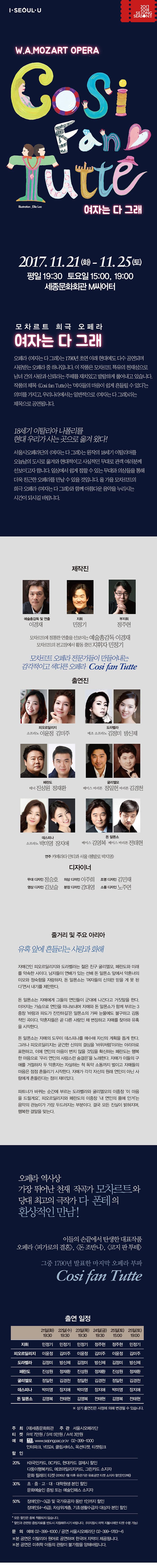I SEOUL U 2017 2018 SEJONG SEASON W.A.MOZART OPERA CoSi Fan Tutte 여자는 다그래 Illustration_Ellie Lee 2017.11.21(화) - 11.25(토)  평일 19:30 토요일 15:00, 19:00 세종문화회관 M씨어터 모차르트 희극 오페라 여자는 다 그래 오페라 여자는 다 그래 는 1790년 초연 이래 현대에도 다수 공연되며 사랑받는 오페라 중 하나입니다. 이 작품은 모차르트 특유의 천재성으로 남녀 간의 사랑과 신뢰라는 주제를 재치있고 발랄하게 풀어내고 있습니다. 작품의 제목 CoSi Fan Tutte 는 여자들의 마음이 쉽게 흔들릴 수 있다는 의미를 가지고, 우리나라에서는 일반적으로 여자는 다 그래 라는 제목으로 공연됩니다. 18세기 이탈리아 나폴리를 현대 우리가 사는 곳으로 옮겨 옸다! 서울시오페라단의 여자는 다 그래 는 원작의 18세기 이탈리아를 오늘날의 도시로 옮겨와 현대적이고 사실적인 무대로 관객 여러분께 선보이고자 합니다. 일상에 쉽게 접할 수 있는 무대와 의상들을 통해 더욱 친근한 오페라를 만날 수 있을 것입니다. 올 가을 모차르트의 희극 오페라 여자는 다 그래 와 함께 아름다운 음악을 누리시는 시간이 되시길 바랍니다. 제작진 예술총감독 및 연출 이경재 지휘 민정기 부지휘 정주현 모차르트에 정통한 연출을 선보이는 예술총감독 이경재 모차르트의 본고장에서 활동 중인 지휘자 민정기 모차르트 오페라 전문가들이 만들어내는 감각적이고 색다른 오페라 CoSi Fan Tutte 출연진 피오르딜리지 역에 소프라노 이윤정, 김미주 도라벨라 역에 메조 소프라노 김정미, 방신제 페란도 역에 테너 진성원, 정재환 굴리엘모 역에 베이스 바리콘 정일헌 바리톤 김경천 데스피나 역에 소프라노 박미영, 장지애 돈 알폰소 역에 베이스 김영복 베이스 바리톤 전태현 연주 카메라타 안티콰 서울(쳄발로 박지영) 디자이너 무대 디자인 정승호 의상 디자인 이주희 조명 디자인 김민재 영상 디자인 김보슬 분장 디자인 강대영 소품 디자인 노주연 줄거리 및 주요 아리아 유혹 앞에 흔들리는 사랑과 화해 자매간인 피오르딜리지와 도라벨라는 젊은 친구 굴리엘모, 페란도와 미래를 약속한 사이다. 남자들이 연배가 있는 선배 돈 알폰소 앞에서 약혼녀의 미모와 정숙함을 자랑하자, 돈 알폰소는 여자들의 신의란 믿을 게 못 된다 면서 내기를 제안한다. 돈 알폰소는 자매에게 그들의 여인들이 군대에 나간다고 거짓말을 한다. 미어지는 가슴으로 여인을 떠나보내며 자매외 돈 알폰소가 함께 부르는 3중창 바람과 파도가 잔잔하길은 알폰소의 가짜 눈물에도 불구하고 감동적인 곡이다. 약혼자들은 곧 다른 사람인 채 변장하고 자매를 찾아와 유혹을 시작한다. 돈 알폰소는 자매의 도우미 데스피나를 매수해 자신의 계획을 돕게 한다. 그러나 피오르딜리지는 굳건한 신의의 결심을 바위처럼 이라는 아리아로 표현하고, 이에 연인의 마음이 변치 않을 것임을 확신하는 페란도는 행복한 마음으로 우리 연인의 사랑스런 숨결은 노래한다. 자매가 이들의 구애를 거절하자 두 약혼자는 자살하는 척 독약 소동까지 벌이고 자매들의 마음은 점점 흔들리기 시작한다. 자매가 각각 자신의 원래 연인이 아닌 사람에게 흔들린다는 점이 재미있다. 파트너가 바뀌는 순간에 부르는 도라벨라와 굴리엘모의 이중창 이 마음을 드릴게요, 피오르딜리지와 페란도의 이중창 내 연인의 품에 안겨는 음악의 관능미가 가장 두드러지는 부분이다. 결국 모든 진실이 밝혀지며, 행복한 결말을 맞는다. 오페라 역사상 가장 뛰어난 천재 작곡가 모차르트와 당대 최고의 극작가 다 폰테의 환상적인 만남! 이들의 손끝에서 탄생한 대표작품 오페라 피가로의 결혼, 돈 조반니, 코지 판 투테 그중 1790년 발표한 마지막 오페라 부파 CoSi Fan Tutte 출연일정 21일(화) 19:30 지휘 민정기 피오르딜지 이윤정 도라벨라 김정미 페란도 진성원 굴리엘모 정일헌 데스피나 박미영 돈 알폰소 김영복 22일(수) 19:30 지휘 민정기 피오르딜지 김미주 도라벨라 방신제 페란도 정재환 굴리엘모 김경천 데스피나 장지애 돈 알폰소 전태현 23일(목) 19:30 지휘 민정기 피오르딜지 이윤정 도라벨라 김정미 페란도 진성원 굴리엘모 정일헌 데스피나 박미영 돈 알폰소 김영복 24일(금) 19:30 지휘 정주현 피오르딜지 김미주 도라벨라 방신제 페란도 정재환 굴리엘모 김경천 데스피나 장지애 돈 알폰소 전태현 25일(토) 15:00 지휘 정주현 피오르딜지 이윤정 도라벨라 김정미 페란도 진성원 굴리엘모 정일헌 데스피나 박미영 돈 알폰소 김영복 25일(토) 19:30 지휘 민정기 피오르딜지 김미주 도라벨라 방신제 페란도 정재환 굴리엘모 김경천 데스피나 장지애 돈 알폰소 전태현 ※ 상기 출연진은 사정에 의해 변경될 수 있습니다. 주최 (재)세종문화회관 주관 서울시오페라단 티켓 R석 7만원 /  S석 5만원 / A석 3만원 예매 세종문화회관 www.sejongpac.or.kr 02-399-1000 인터파크, YES24, 클립서비스, 옥션티켓, 티켓링크 할인 20% KB국민카드, BC카드, 현대카드 결제시 할인, 다둥이행복카드, 에코마일리지카드, 그린카드 소지자 , 문화릴레이티켓(2016년 1월 이후 유관기관 유료공연 티켓 소지자 할인(1인2매) 30% 초.중.고.대.대학원생 본인 할인, 문화예술인 증빙 또는 예술인패스 소지자 50% 장애인(1~3급) 및 국가유공자 동반 1인까지 할인, 장애인(4~6급), 차상위계층, 기초생활수급자 대상자 본인 할인 * 모든 할인은 중복 적용되지 않습니다. * 할인과 관련된 증빙자료를 반드시 지참해주시기 바랍니다. (미지참시 차액 지불시에만 티켓 수령 가능) 문의 예매 02-399-1000 / 공연 서울시오페라단 02-399-1783~6 ※본 공연은 이탈리아 원어로 공연하며 한구어 자막이 제공도비니다. ※ 본 공연은 미취학 아동의 관람이 불가함을 양해바랍니다.
