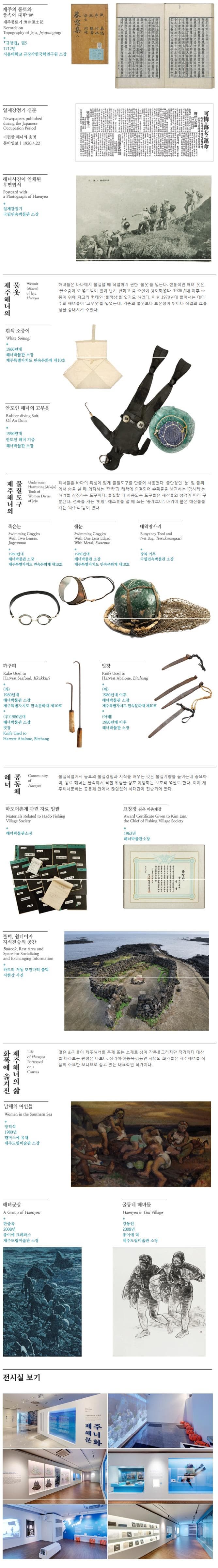 제주의 풍토와 풍속에 대한 글 규창집 권5 1712년 서울대학교 규장각한국학연구원 소장 일제강점기 신문 가련한 해녀의 운명 동아일보 1920.4.22  해녀사진이 인쇄된 우편엽서 일제강점기 국립민속박물관 소장 제주해녀의 물옷 해녀들은 바다에서 물질 할 때 작업하기 편한 물옷을 입는다. 전통적인 해녀 옷은 물소중이 옆트임이 있어 벗기 편하고 품 조절에 용이하였다. 1906년대 이후 소증이 위에 저고리 형태인 물적삼을 입기도 하였다. 이후 1970년대 들어서는 대다수의 해녀들이 고무옷을 입었는데 기존의 물옷보다 보온성이 뛰어나 작업의 효율성을 증대시켜 주었다. 흰색 소중이 1960년대 해녀박물관 소장 제주특별자치도 민속문화재 제10호 안도인 해녀의 고무옷 1990년대 안도인 해녀 기종 해녀박물관 소장 제주해녀의 물질도구 해녀들은 바다의 특성에 맞게 물질도구를 만들어 사용했다. 물안경인 눈 및 물의에서 숨을 쉴 때 의지하는 텍왁톼 테왁에 연결되어 수확물을 보관하는 망사리는 해녀를 상징하는 도구이다. 물질할 때 사용되는 도구들은 해산물의 성격에 따라 구분되낟. 전복을 캐는 빗창 해조류를 딸 때 쓰는 종게호미 바위에 붙은 해산물을 캐는 까꾸리 등이 있다. 족은 눈 1960년대 해녀박물관 소장 제주특별자치도 민속문화재 제10호 쉐눈 1960년대 해녀박물관 소장 제주특별자치도 민속문화제 제10호 태왁망사리 광복 이후) 1980년대 해녀박물관 소장 빗창 빗창 (위) 1980년댜 이후 해녀박물관 소장 제주특별자치도 민속문화재 제10호 (아래) 1980년대 이후 해녀박물관 소장 해녀 공동체 물질작업에서 동료의 물질경험과 지식을 배우는 것은 물질기량을 높이는데 중요하며 동료 해녀는 물속에서 닥칠 위험을 상호 예방하는 보호막 역할도 한다. 이에 제주해녀문화는 공동체 안에서 끊임없이 세대간에 전승되어 왔다. 하도어촌계 관련 저료 일괄 표창장 김은 어촌계장 불턱 쉼터이자 지식전승의 공간 하도리 서동 모진다리 불턱 서현강 사진 화폭에 옮겨진 제주해녀의 삶 많은 화가들이 제주해녀를 주제 또는 소재로 삼아 작품을 그리지만 작가마다 대상을 바라보는 관점은 다르다. 장리석 한중옥 강동언 세명의 화가들은 제주해녀를 작품의 주요한 모티브로 삼고 있는 대표적인 작가이다. 남해의 여인들 장리석 1980년 캔버스에 유채 제주도립미술관 소장 해녀군상 한중옥 2008년 종이에 크레파스 제주도립미술관 소장 굴동네 해녀들 강동언 2008년 종이에 먹 제주도립미술관 소장 전시실 보기
