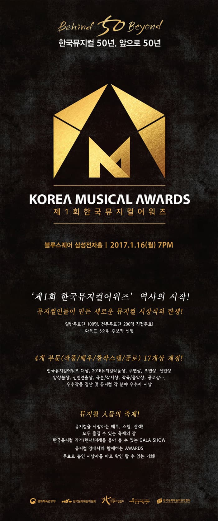 Behind 50 Beyond 한국뮤지컬 50년 앞으로 50년 KOREA MUSICAL AWARDS 제1회 한국뮤지컬어워즈  블루스퀘어 삼성전자홀 2017.1.16(월) 7PM 제1회 한국뮤지컬어워즈 역사의 시작! 뮤지컬인들이 만든 새로운 뮤자컬 시상식의 탄생! 일반투표단 100명 전문투표단 200명 직접투표! 다득표 5순위 후보작 선정 4배 부문(작품 배우 창작스텝 공로) 17개상 제정! 한국뮤지컬어워즈 대상 2016뮤지커작품상 주연상 조연상 신인상 앙상블상 신인연출상 극본 작사상 작곡 음악상 공로상 우사작품 결산 및 뮤지컬 각 분야 우수자 시상 뮤지컬 인들의 축제! 뮤지컬을 사랑하는 배우 스텝 관객! 모두 즐길 수 있는 축제의 장 한국뮤지컬 과거 현재 미래를 돌아 볼 수 있는 GALA SHOW 뮤지컬 명대사와 함께하는 AWARDS 투표로 뽑힌 시상자를 바로 확인할 수 있는 기회! 문화체육관광부 한국문화예술위원회 한국뮤지컬협회 예술경영지원센터 한국문화예술회관연합회