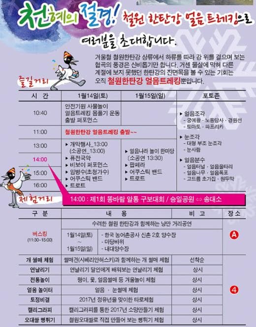 천혜의 절경! 철원 한탄강 얼음 트레킹으로 여러분을 초대합니다. 겨울철 철원한탄강 상류에서 하류를 따라 강 위를 걸으며 보는 협곡이 풍경은 신비롭기만 합니다. 거센 물살에 막혀 다른 계절에 보지 못했던 한탄강의 진면목을 볼 수 있는 기회는 오직 철원한탄강 얼음트레킹뿐입니다. 즐길거리 시간 1월 14일(토) 1월 15일(일) 포토존 10:40 안전기원 사물놀이 얼음트레킹 몸풀기 운동 출발 퍼포먼스 11:00 철원한탄강 얼음트레킹 출발~~ 13:00 개막행사 13:00(소공연 13:00) 14:00 퓨전국악 비보이 퍼포먼스 15:00 임병수(초청가수) 어쿠스틱 밴드 16:00 트로트 얼음나라 놀이 한마당(소공연 13:30) 팝페라 어쿠스틱  밴드 트로트 얼음조각 궁예왕 노동당사 경원선 토마토 파프리카 눈조각 대형 부조 눈조각 눈사람 얼음분수 얼음터널 얼음울타리 얼음나무 얼음폭포 고드름 초가집 원두막 체험거리 14:00 제1회 똥바람 알통 구보대회 승일공원~송대소 구분 내용 비고 장소 버스킹(11:30~15:00) 1월 14일(토) ~1월 15일(일) 한국 농어촌공사 신촌 2호 양수장 마당바의 내대양수장 A 개 썰매 체험 썰매견(시베리안허스키)과 함께하는 개 썰매 체험 선착순 연날리기 연날리기 달인에게 배워보는 연날리기 체험 상시 전통놀이 팽이 윷 얼음썰매 등 겨울놀이 체험 상시 얼음 놀이터 얼음 눈썰매 체험 상시 토정비결 2017년 정유년을 맞이한 타로체험 상ㅅ 캘리그라피 캘리그라피를 통한 2017년 소망만들기체험 상시 오대쌀 뻥튀기 철원오대쌀로 직접 만들어 보는 뻥튀기 체험 상시 4