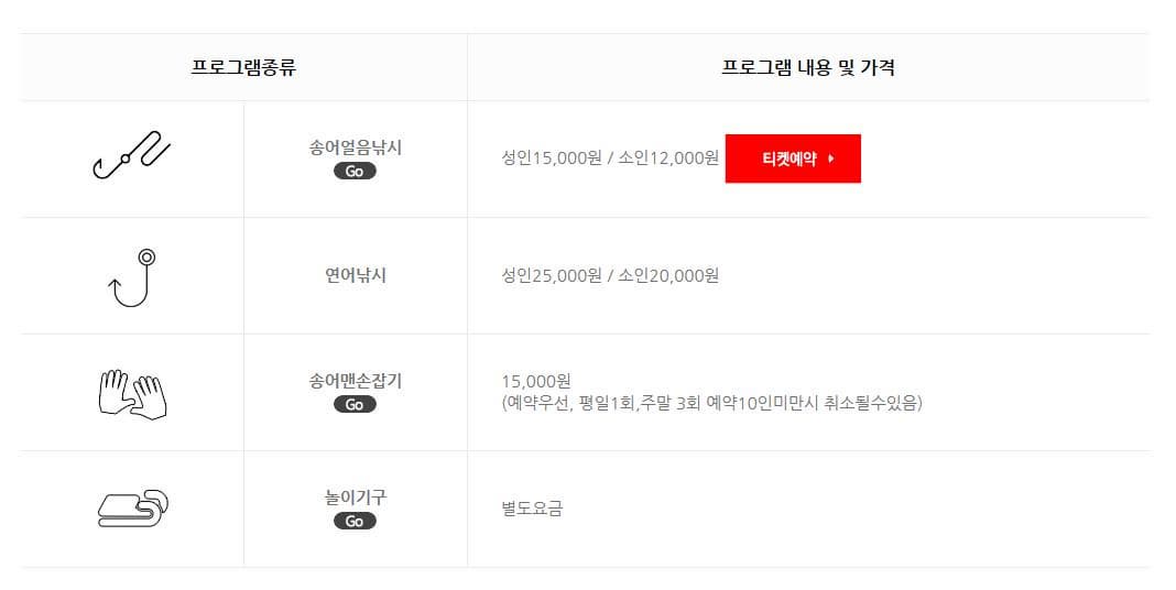 프로그램종류 프로그램 내용 및 가격 송어얼음낚시 Go 성인 15000원 소인 12000원 티켓예약 연어낚시 성인 25000원 소인 20000원 송어맨손잡기 Go 15000원 예약우선 평일 1회 주말 3회 예약 10인 미만시 취소될수 있음 놀이기구 Go 별도요금