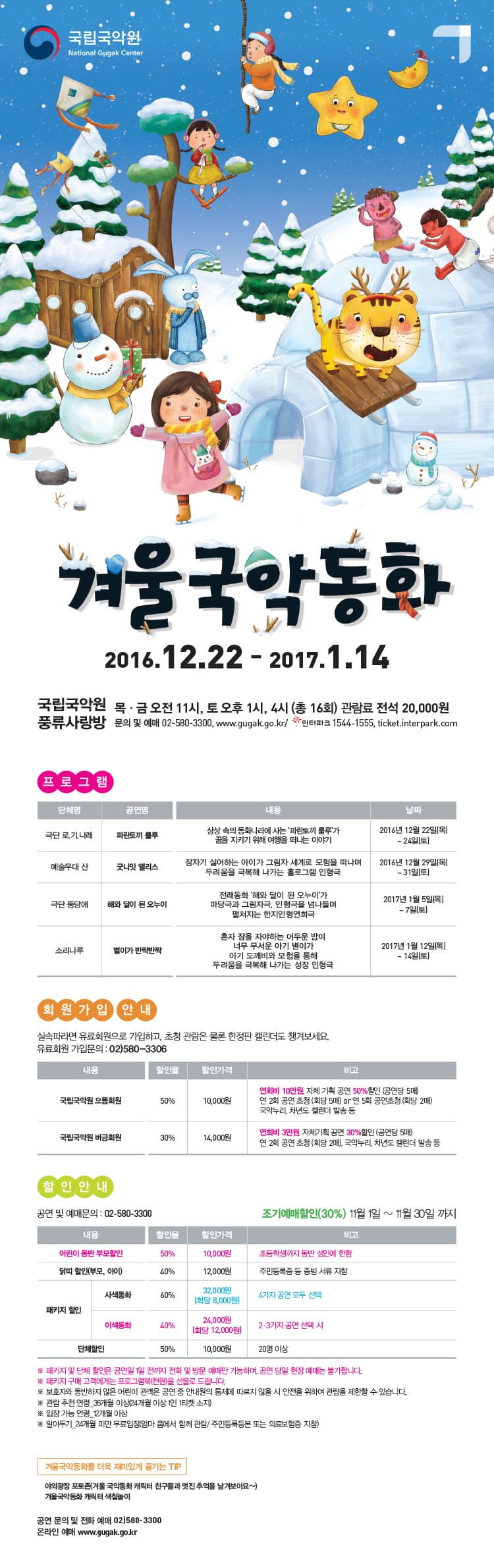 국립국악원 겨울국악동화 2016.12.22.-2017.1.14. 국립국악원 풍류사랑방 목 금 오전11시,토 오후 1시,4시 (총 16회) 관람료 전석 20,000원 프로그램 단체명 공연명 내용 날짜 극단 로,기,나래 파란토끼 룰루 상상속의 동화나라에 사는 팔ㄴ토끼룰루가 꿈을 지키기 위해 여행을 떠나는 이야기 2016년 12월22일 목 ~24일 토 예술무대 산 굿나잇 엘리스 잠자기 싫어하는 아이가 그림자 세계로 모험을 떠나며 두려움을 극복해 나가는 홀로그램 인형극 2016 12월 29일 목 ~31 토 극단 둥당애 해와 달이 된 오누이 전래동화 해와 달이 된 오누이 가 마당극과 그림자극, 인형극을 넘나들며 펼치는 한지인 형연희극 2017년 1월 5일 목 ~7일 토 소리나루 별이가 반짝빤짝 혼자 잠을 자야하는 어두운 밤이 너무 무서운 아이 별이가 아기 도깨비와 모험을 통해 두려움을 극복해 나가는 성장 인형극 2017년 1월 12일 목 ~14일 토 회원가입 안내 할인 안내 공연 및 예매문의 : 02-580-3300 조기예매할인(30%) 11월1일 ~ 11월30일