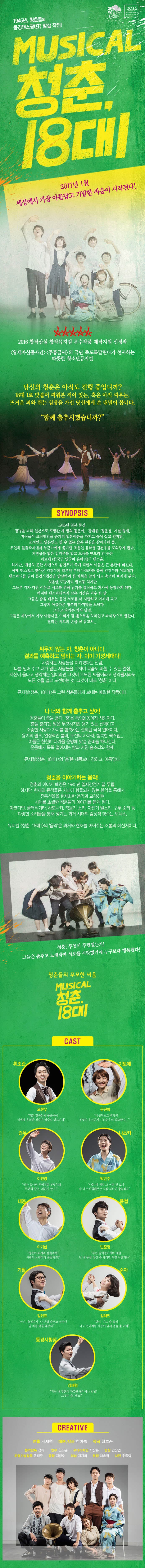 1945년, 청춘들의 동경댄스광 암살작전 MUSICAL 청춘,18대1 2017년 1월 세상에서 가장 아름답고 기발한 싸움이 시작된다! 2016 창작뮤지컬 우수작품 제작지원 선정작 왕세자실종사건 주홍글씨의 극단 죽도록달린다가 선사하는 따뜻한 청소년뮤지커 당신의 청춘은 아직도 진행 중입니까? 18대 1로 맞붙어 싸워본 적이 있는, 혹은 아직 싸우는, 뜨거운 피와 뛰는 심장을 가진 당신에게 손 내밀어 봅니다. 함께 춤추시겠습니까? SYNOPSIS 1945년 일본 동경 징병을 피해 일본으로 도망간 세 명의 젋은이. 강대웅, 정윤철, 기철형제. 자신들이 조선인임을 숨기려 일본이름을 가지고 숨어 살고 있지만, 조선인도 일본인도 될 수 없는 슬픈 현실을 살아가던 중, 우연히 불꽃축제에서 누군가에게 쫒기던 조선인 유학생 김건우를 도와주게 된다. 치명상을 입은 김건우를 없고 도움을 받으러 간 곳은 이토에 (한국인 입양아 윤하민)의 댄스홀. 하지만, 예상치 못한 사건으로 김건우가 죽게 되면서 이들은 큰 혼란에 빠진다. 이때 댄스홀로 찾아온 김건우릐 일본인 부인 나츠카를 통해 김건우와 이토에가 댄스파티를 열어 동경기청장을 안살하려 한 계획을 알게 되고 충격에 빠지게 된다. 처음엔 도망치려 발버둥 치지만 그들은 춤을 배우는 동안 서로를 더 사랑하고 아끼게 되고 그렇게 아름다운 청춘의 마지막을 보낸다. 그리고 다가온 거사 당일. 그들은 세상에서 가장 아름다운 수의가 될 댄스복을 차려입고 파티장으로 향한다. 떨리는 서로의 손을 꼭 잡고서...싸우지 않는 자, 청춘이 아니다. 결과를 예측하고 덤비는 자, 이미 기성세대다! 사랑하는 사람들을 지키겠다는 신념, 나를 믿어주고 내가 믿는 사람들을 위하여 목숨도 바칠 수 있는 열정, 자신이 옳다고 생각하는 일이라면 그것이 무모한 싸움이라고 생각될지라도 모든 것을 걸고 도전하는 것, 그것이 바로 청춘 이다. 뮤지컬 청춘, 18대1은 그런 청춘들에게 보내는 애절한 작품이다. 나 너와 함께 춤추고 싶어! 청춘들이 춤을 춘다. 춤은 독립운동이자 사랑이다. 춤을 춘다는 말은 무모하지만 용기있는 선택이고 소중한 사랑과 가치를 함축하는 절제된 극적 언어이다. 용기의 왈츠, 열정적인 룸바, 도전의 차차차, 행복한 퀵스텝... 이들은 천천히 다가올 운명에 맞설 준비를 해나간다. 온몸에서 뚝뚝 떨어지는 땀과 거친 숨소리와 함께. 뮤지컬 청춘, 18대 1 의 춤은 제목보다 강하고, 아름답다. 청춘을 이야기하는 음악! 청춘의 이야기 배경은 1945년 일제강점기 끝 무렵, 하지만, 현재의 간객들은 시대에 함몰되지 않는 음악을 통해서 전통선율을 현재화한 음악과 교감하며 시대를 초월한 청춘들의 이야기를 듣게 된다. 아코디언, 클래식기타, 하모니카, 축음기 소리, 자전거 벨소리, 구두 소리 등 다양한 소리들을 통해 생기는 과거 시대의 감성적 향수는 보너스. 뮤지컬 청춘, 18대 1 의 음악은 과거와 현재를 이어주는 소통의 메신저이다. 청춘! 무엇이 두렵겠는가! 그들은 춤추고 노래하며 서로를 사랑했기에 누구보다 행복했다! 청춘들의 무모한 싸움 MUSICAL 청춘 18대1 CAST 취조관 오찬우 이토에 문진아 건우 이천영 나츠카 박란주 대웅 이기섭 윤철 빈준영 기철 김선표 순자 김혜인 동경시청장 김재형 CREATIVE