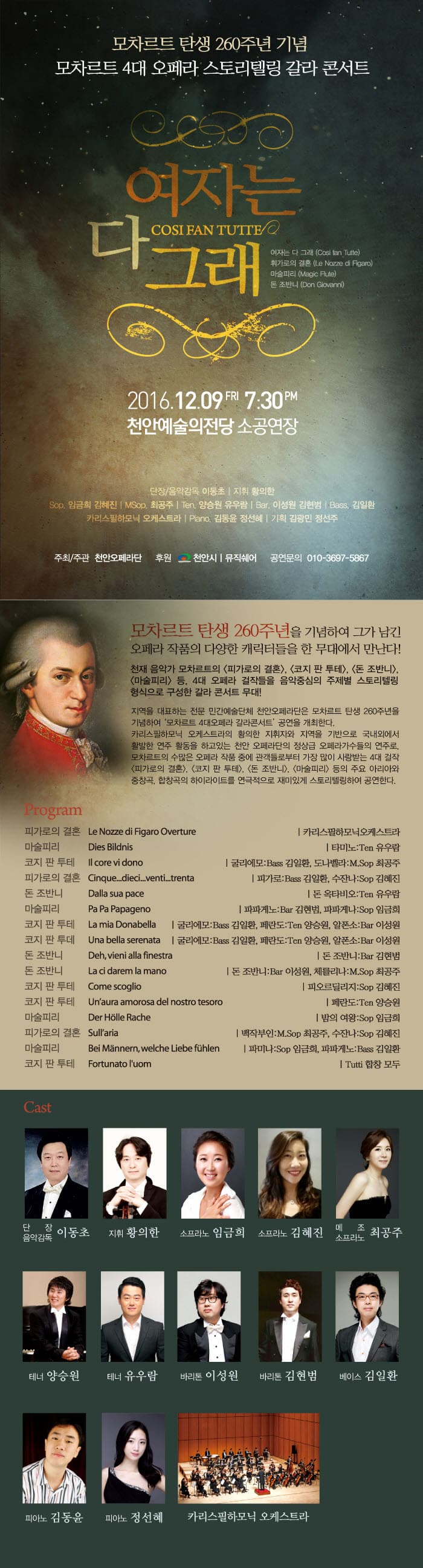 모차르트 탄생 260주년 기념 모차르트 4대 오페라 스토리텔링 갈라 콘서트 여자는 다그래 2016.12.09. FRI 7:30PM 천안예술의전당 소공연장 모차르트 탄생 260주년을 기념하여 그가 남긴 오페라 작품의 다양한 태릭터들을 한 무대에서 만난다! 천재 음악가 모차르트의 피가로의 결혼, 코지 판 투테, 돈 조반니, 마술피리 등, 4대 오페라 걸작들을 음악중심의 주제별 스토리텔링 형식으로 구성한 갈라 콘서트 무대! 기역을 대표로하는 전문 민간예술단체 천안오페라단은 모차르트 탄생 260주년을 기념하여 모차르트 4대오페라 가라콘서트 공연으 개최한다. 카라스필하모니 오케스트라의 황의한 지휘와 지역을 기반으로 국내외에서 활발한 연주 활동을 하고 있는 천안 오케하단의 정상급 오페라 가수들의 연주로, 모차르트의 수많은 오페라 작품 중에 관객들로부터 가장 많이 사랑받는 4대 걸작 피가로의 결혼, 코지 판 투테, 돈 조바니, 마술피리 등의 주요 아리아와, 중창곡, 합창곡의 하이라이트를 연극적으로 재미있게 스토리텔링하여 공연한다. Program Cast 이동초 황의한 임금희 김혜진 최공주 양승원 유우람 이성원 김현범 김일환 김동윤 정선혜 카리스필하모닉 오케스트라