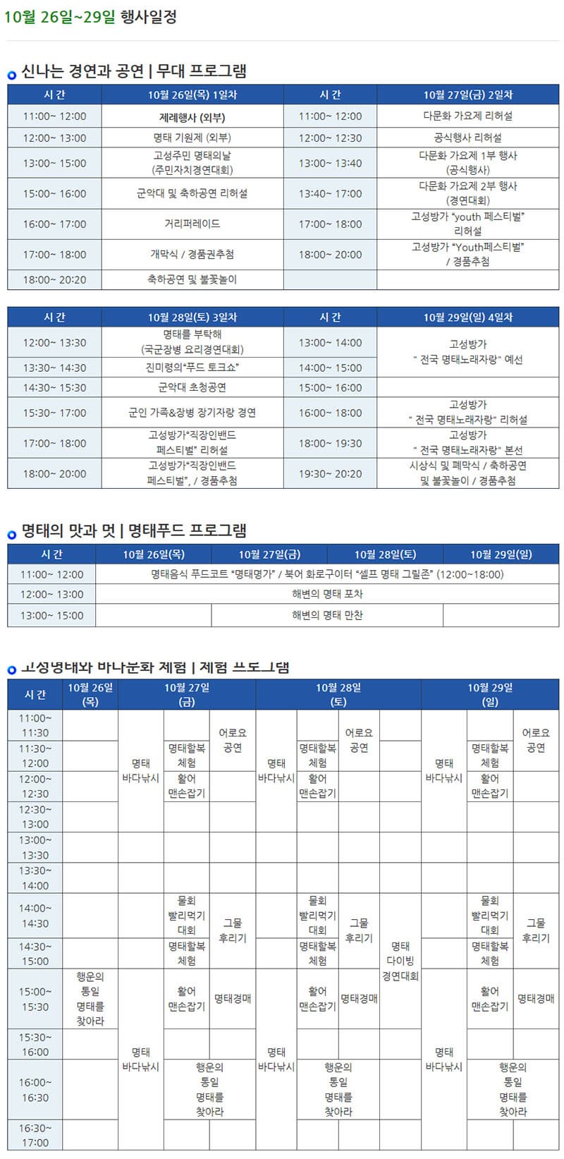 10월 26일 ~ 29일 행사일정 신나는 경연과 공연 | 무대 프로그램 시간  10월 26일(목) 1일차  시간  10월 27일(금) 2일차 11:00~ 12:00  제례행사 (외부) 11:00~ 12:00  다문화 가요제 리허설 12:00~ 13:00  명태 기원제 (외부) 12:00~ 12:30  공식행사 리허설 13:00~ 15:00  고성주민 명태의날(주민자치경연대회) 13:00~ 13:40  다문화 가요제 1부 행사(공식행사) 15:00~ 16:00  군악대 및 축하공연 리허설  13:40~ 17:00  다문화 가요제 2부 행사(경연대회) 16:00~ 17:00  거리퍼레이드 17:00~ 18:00  고성방가 youth 페스티벌 리허설 17:00~ 18:00  개막식 경품권추첨 18:00~ 20:00  고성방가 Youth페스티벌 경품추첨18:00~ 20:20  축하공연 및 불꽃놀이 시간  10월 28일(토) 3일차 시간 10월 29일(일) 4일차 12:00~ 13:30  명태를 부탁해 (국군장병 요리경연대회) 13:00~ 14:00  고성방가 전국 명태노래자랑 예선 13:30~ 14:30  진미령의푸드 토크쇼 14:00~ 15:00 14:30~ 15:30  군악대 초청공연 15:00~ 16:00 15:30~ 17:00  군인 가족 앤 장병 장기자랑 경연 16:00~ 18:00  고성방가 전국 명태노래자랑 리허설 17:00~ 18:00  고성방가직장인밴드 페스티벌 리허설 18:00~ 19:30  고성방가 전국 명태노래자랑 본선 18:00~ 20:00  고성방가 직장인밴드 페스티벌 경품추첨 19:30~ 20:20  시상식 및 폐막식 축하공연 및 불꽃놀이 경품추첨 명태의 맛과 멋 | 명태푸드 프로그램 시간  10월 26일(목) 10월 27일(금) 10월 28일(토) 10월 29일(일) 11:00~ 12:00  명태음식 푸드코트 명태명가 북어 화로구이터 셀프 명태 그릴존(12:00~18:00) 12:00~ 13:00  해변의 명태 포차13:00~ 15:00  해변의 명태 만찬 고성명태와 바다문화 체험 | 체험 프로그램 시간 10월 26일 (목) 10월 27일 (금) 10월 28일(토) 10월 29일 (일)11:00~ 11:30 명태 바다낚시 어로요 공연 명태 바다낚시 어로요 공연 명태 바다낚시 어로요 공연 11:30~ 12:00 명태할복 체험 명태할복 체험 명태할복 체험 12:00~ 12:30 활어 맨손잡기 활어 맨손잡기 활어 맨손잡기 12:30~ 13:00 13:00~ 13:30 13:30~ 14:00 14:00~ 14:30 물회 빨리먹기 대회 그물 후리기 물회 빨리먹기 대회 그물 후리기 명태 다이빙 경연대회 물회 빨리먹기 대회 그물 후리기 14:30~ 15:00 명태할복 체험 명태할복 체험 명태할복 체험 15:00~15:30 행운의 통일 명태를 찾아라 명태 바다낚시 활어 맨손잡기 명태경매 명태 바다낚시 활어 맨손잡기 명태경매 명태 바다낚시 활어 맨손잡기 명태경매 15:30~16:00 16:00~ 16:30 행운의 통일 명태를 찾아라 행운의 통일 명태를 찾아라 행운의 통일 명태를 찾아라 16:30~ 17:00 
