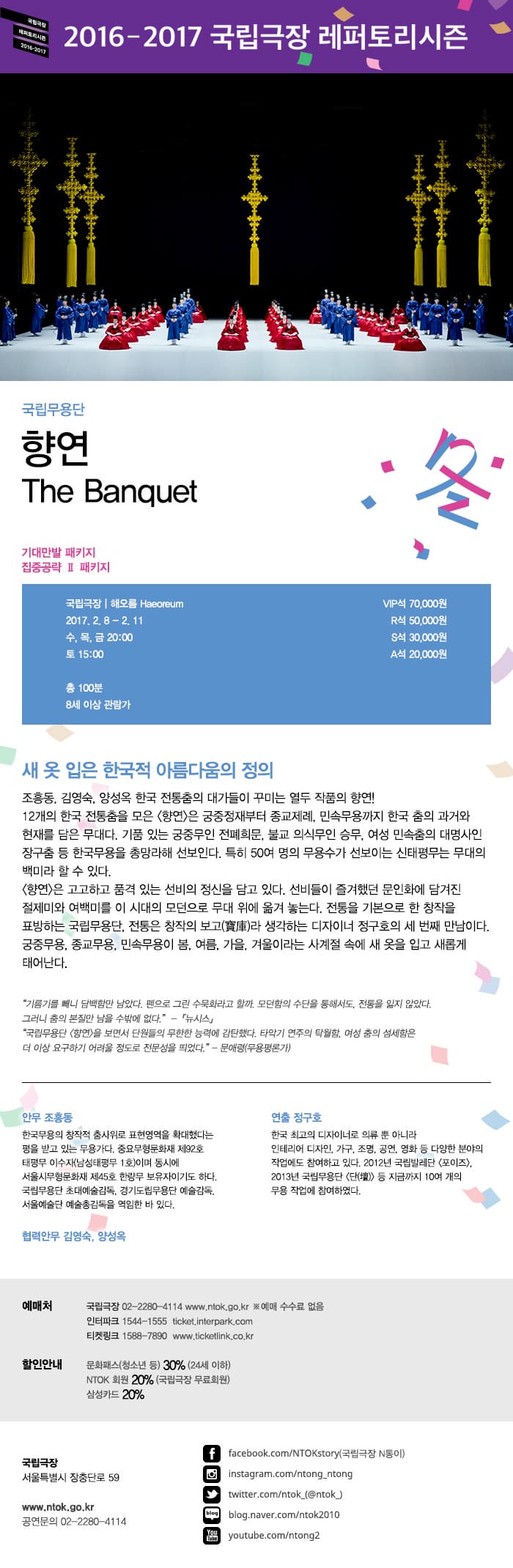 2016-2017 국립극장 레퍼토리시즌 국립무용단 향연 The Banquet 기대만발 패키지 집중공략 Ⅱ 패키지 국립극장 해오름극장 2017. 2. 8 - 2. 11 수, 목, 금 20:00 토 15:00 총100분 8세이상 관람가 VIP석 70,000원 R석 50,000원 S석 30,000원 A석 20,000원 새 옷 입은 한국적 아름다움의 정의 조흥동, 김영숙, 양성옥 한국 전통춤의 대가들이 꾸미는 열두 작품의 향연!  12개의 한국 전통춤을 모은 향연은 궁중정재부터 종교제례, 민속무용까지 한국 춤의 과거와 현재를 담은 무대다. 기품 있는 궁중무인 전폐희문, 불교 의식무인 승무, 여성 민속춤의 대명사인 장구춤 등 한국무용을 총망라해 선보인다. 특히 50여 명의 무용수가 선보이는 신태평무는 무대의 백미라 할 수 있다. 향연은 고고하고 품격 있는 선비의 정신을 담고 있다. 선비들이 즐겨했던 문인화에 담겨진 절제미와 여백미를 이 시대의 모던으로 무대 위에 옮겨 놓는다. 전통을 기본을 한 창작을 표방하는 구립무용단, 전통은 창작의 보고라 생각하는 디자이너 정구호의 세 번째 만남이다. 궁중무용, 종교무용, 민속무용이 봄, 여름, 가을, 겨울이라는 사계절 속에 새 옷을 입고 새롭게 태어난다. 기름기를 빼니 담백함만 남았다. 펜으로 그린 수묵화라고 할까. 모덤함의 수단을 통해서도, 전통을 잃지 않았다. 그러니 춤의 본질만 남을 수밖에 없다. -뉴시스- 국립무용단 향연을 보면서 단원들의 무한한 능력에 감탄했다. 타악기 연주의 탁월함. 여성춤의 섬세함은 더 이상 요구하기 어려울 정도로 전문성을 띄었다. -문애령(무용평론가) 안무 조흥동 한국무용의 창작적 춤사위로 표현영역을 확대했다는 평을 받고 있는 무용가다. 중요무형문화재 제92호 태평무 이수자(남성태평무 1호)이며 동시에 서울시무형문화재 제45호 한량무 보유자이기도 하다. 국립무용단 초대예술감독, 경기도립무용단 예술감독, 서울예술단 예술총감독을 역임한 바 있다. 연출 정구호 한국 최고의 디자이너로 의류 뿐 아니라 인테리어 디자인, 가구, 조명, 공연, 영화 등 다양한 부냥의 작업에도 참여하고 있다. 2012년 국립발레단 포이즈, 2013년 국립무용단 단 등 지금까지 10여개의 무용 작업에 참여하였다. 협력안무 김영숙, 양성옥 예매처 국립극장 02-2280-4114 www.ntok.go.kr ※ 예매 수수료 없음 인터파크 1544-1555 ticket.interpark.com 티켓링크 1588-7890 www.ticketlink.co.kr 할인안내 문화패스(청소년 등) 30%(24세 이하) NTOK 회원 20%(국립극장 무료회원) 삼성카드 20% 국립극장 서울특별시 장충단로 59 www.ntok.go.kr 공연문의 02-2280-4114 국립극장 SNS  페이스북 facebook.com/NTOKstory(국립극장 N통이) 인스타그램 instagram.com/ntong_ntong  트위터 twitter.com/ntok_(@ntok_) 블로그 blog.naver.com/ntok2010 유튜브 youtube.com/ntong2
