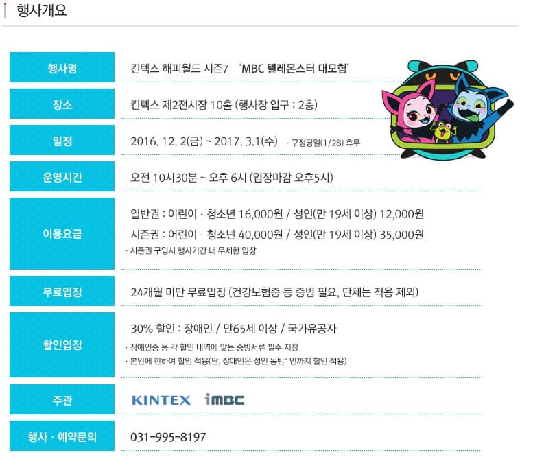 행사개요 킨텍스 해피월드 시즌7 MBC 텔레몬스터 대모험 장소 킨텍스 제2전시장 10홀 (행사장 입구 : 2층) 일정 2016. 12. 2(금) ~ 2017. 3. 1(수) 구정당일 (1/28) 휴무 운영시간 오전 10시30분 ~오후 6시 (입장마감 오후5시) 이용요금 일반권 : 어린이 청소년 16,000원 / 성인(만 19세 이상) 12,000원 시즌권 : 어린이 청소년 40,000원 / 성인(만 19세 이상) 35,000원 무료입장 24개월 미만 무료입장 (건강보험증 등 증빙 필요, 단체는 적용 제외) 할인입장 30%할인 : 장애인 / 만65세 이상 / 국가유공자 장애인증 등 각 할인 내역에 맞는 증빙서류 필수 지참 본인에 한하여 할인 적용(단, 장애인은 성인 동반 1인까지 할인 적용) 주관 KINTEX iMBC 행사 예약문의 031-995-8197 