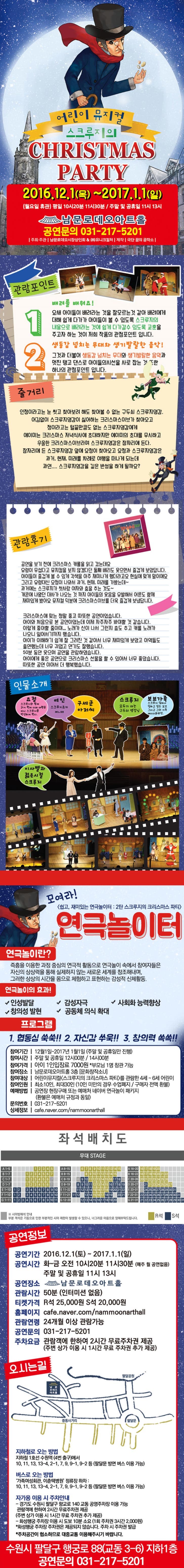 온누리 상품권 가맹점 남문호데오아트홀에 오시면 재래시장에서만 사용가능 한줄 알았던 온누리 상품권을 공연장에서 사용가능합니다. 온누리 상품권이란? 온누리 상품권은 전통시장 및 상점가 육성을 위한 특별법에 따라 전통시장을 보호하고 지역경제를 활성화하기 위해 2009년부터 발행하기 시작한 전통시장 및 상점가 전용 상품권으로, 가맹점으로 등록된 점포에서 현금처럼 사용할 수 있습니다. 단, 현장결제만 가능합니다. 자세한 내용은 전화문의주세요. 어린이 뮤지컬 스크루지의 CHRISTMAS PARTY 2016.12.1.(목) ~ 2017.1.1.(일) (워룡일 휴관) 평일 10시 20분 11시 30분 / 주말 및 공휴일 11시 13시 남문로데오아트홀 공연문의 031-217-5201 관람포인트 1 배려를 배워요! 요새 아이들이 배려라는 것을 잘모르는 것 같아 배려에세 대해 쉽게 다가가 아이들이 볼 수 있도록 스크루지의 내용으로 배려라는 것에 쉽게 다가갈수 있도록 교훈을 주고자 하는 것이 저희 작품의 관점포인트입니다. 생동감 넘치는 무대와 생기 발랄한 음악! 그것과 더불어 생동감 넘치는 무대와 생기 발랄한 음악과 멋진 탱고 댄스로 아이들의 시선을 사로 잡는 것 또한 하나의 관점 포인트입니다. 줄거리 인정이라고는 눈 씻고 찾아보려해도 찾아볼 수 없는 구두쇠 스크루지영감. 어김없이 스크루지영감이 싫어하는 크리스마스이브가 찾아오고 정이라고는 털끝만큼도 없는 스쿠루지영감에게 에이미는 크리스마스 저녁식사에 초대하지만 에이미의 초대를 무시하고 우울한 크리스마스이브라며 스크루지영감은 잠자리에 든다. 잠자리에 든 스쿠루지영감 앞에 요정이 찾아오고 요정과 스쿠루지영감은 과거,형재,미래를 차례로 여행을 떠나게 되는데 과연...스쿠루지영감을 깊은 반성을 하게 될까요? 관람후기 인물소개 요정, 여이느 구세군 아저씨 스크루지 보브가족 이사벨과 젊은시절 스크루지 모여라 연극놀이 연극놀이란? 즉흥을 이용한 과정 중심의 연극적 활동으로 연극놀이 속에서 참여자들은 자신의 상상력을 통해 실제하지 않는 새로운 세계를 창조해내며, 그러한 상상의 시간을 몸으로 체험하고 표현하는 감성적 신체활동. 공연정보 공영기간 2016.12.1.(토) ~ 2017.1.1.(일) 공연시간 화~금 오전 10시 20분 11시 30분 (매주 월 공연 없음) 주말 및 공휴일 11시 13시 공연장소 남문 로데오아트호 관람시간 50분(인터미션) 없음 티켓가격 R석 25,000원 S석 20,000원 홈페이지 cafe.naver.com/nammoonarthall 관람연령 24개월 이상 관람가능 공연문의 031-217-5201 주차요금 관람객에 한하여 2시간 무료로주차권 제공(주변 상가 이용 시 1시간 무료 주차권 추가 제공) 오시는길 수원시 팔달구 행궁로 88(교동 3-6)지하 1층 공연 문의 031-217-5201