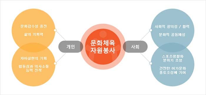 문화체육자원봉사 개인 - 문화감수성 증진, 삶의 기획력 - 자아실현의 기회, 협동심과 의사소통 능력 진작 사회 - 사회적 창의성 / 활력, 문화적 공동체성 - 스포츠생활화 분위기 조성, 건전하 여가문화 풍토조성에 기여