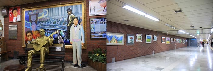 (왼쪽부터) 돌아가는 삼각지 가수 배호 동상 / 4호선 지하철 대합실에 전시된 그림들 ⓒ 문화포털 기자 김현진