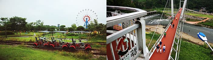  열차 안에서 바라본 기차마을의 모습(왼쪽) / 가정역 섬진강 출렁다리 ⓒ 문화포털 기자단 장은진