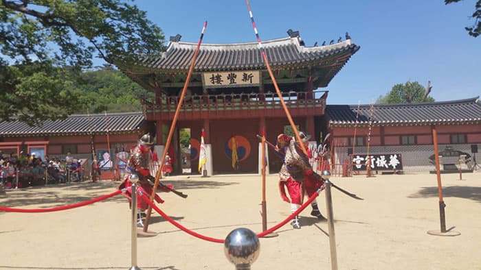 화성행궁 정문인 신풍루 앞에서 무예24기 시범공연, 나무 베기 ⓒ 문화포털 기자단 한정규 화성행궁 정문인 신풍루 앞에서 무예24기 시범공연, 나무 베기 ⓒ 문화포털 기자단 한정규