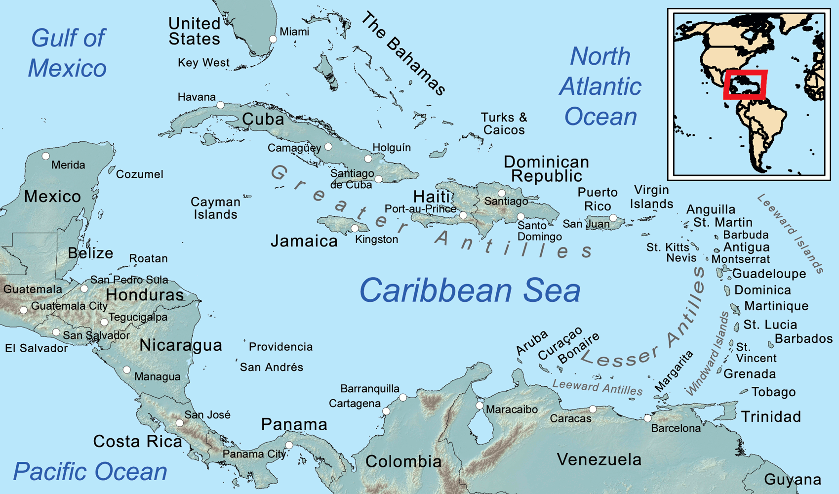라틴계 국가가 있는 카리브해 주변국 지도