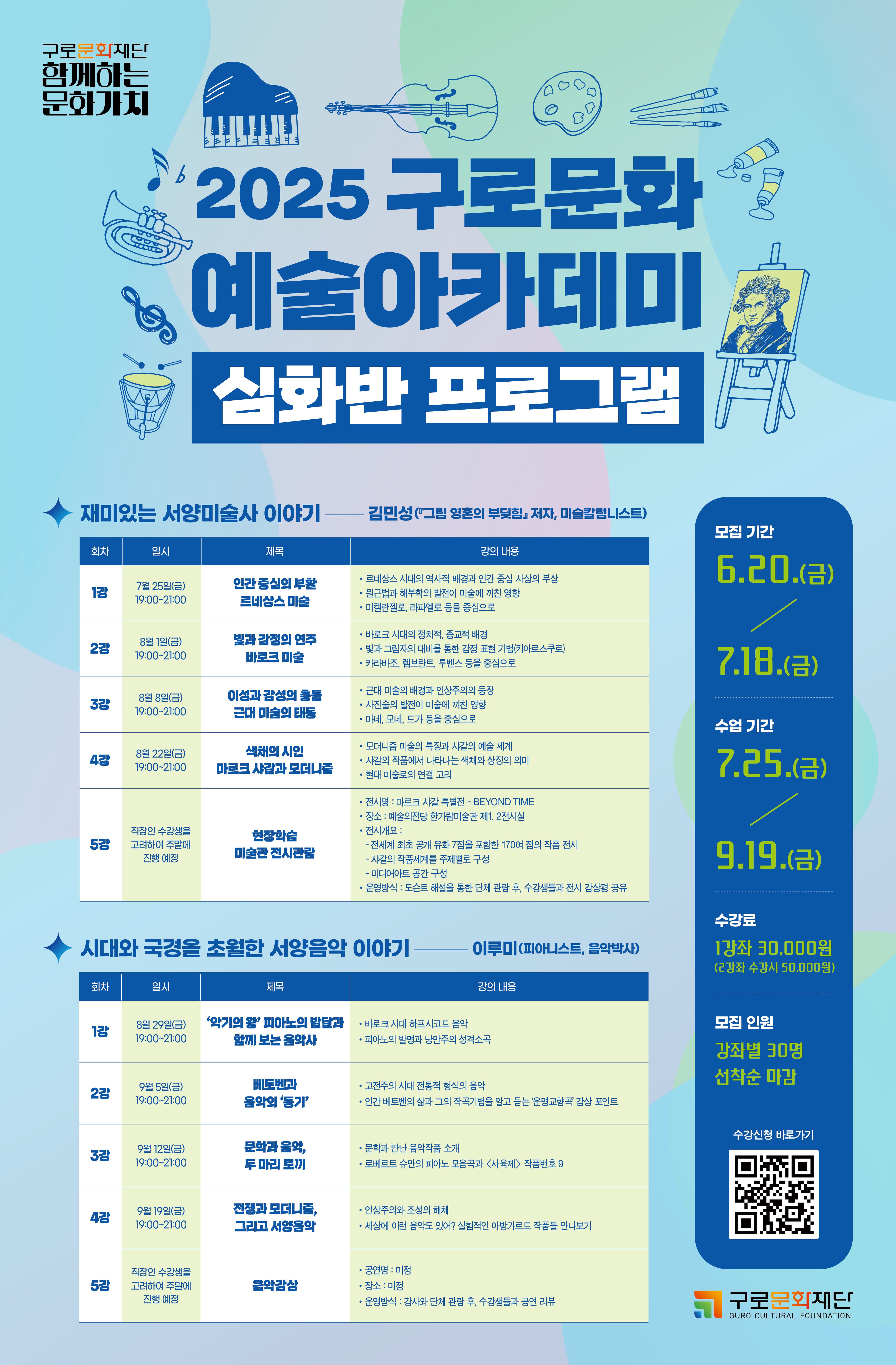 구로문화예술아카데미 심화반(서양 미술사, 음악) 수강생 모집 | 구로아트밸리 소강당 | 2025.06.20 ~ 2025.07.18