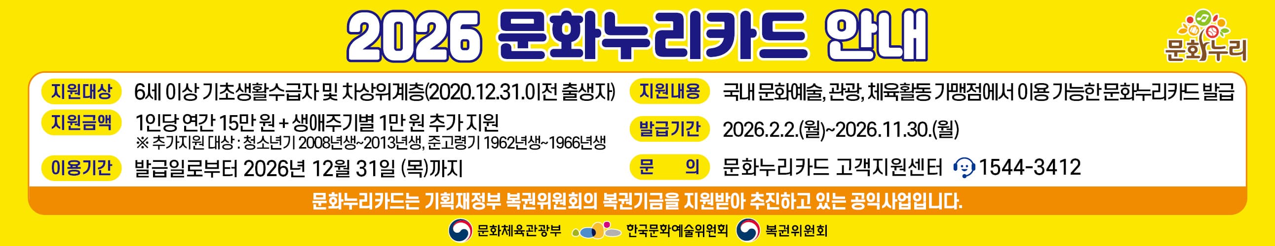 <2026년 문화누리카드 안내>
문화누리카드는 삶의 질 향상과 문화격차 완화를 위해 기초생활수급자, 차상위계층을 대상으로 국내 문화예술, 관광, 체육활동을 지원하는 카드입니다.