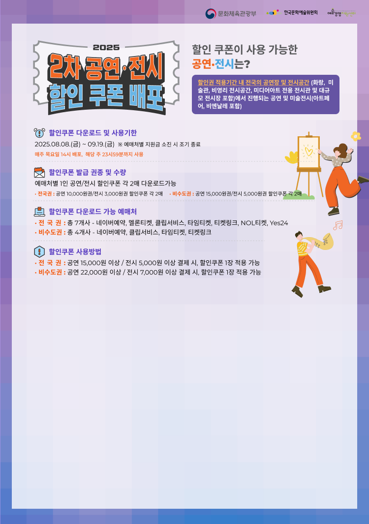 2025 2차 공연전시 할인쿠폰 배포할인권 적용기간 내 전국의 공연장 및 전시공간(화랑,  미술관, 비영리 전시공간, 미디어아트 전용 전시관 및 대규모 전시장 포함)에서 진행되는 공연 및 미술전시(아트페어, 비엔날레 포함)
1. 할인쿠폰 다운로드 및 사용기한 : 2025.09.25.(목) 14시 ~ 12.03.(수) 매주 목요일 14시 배포,  해당 주 23시59분까지 사용 * 예매처별 지원금 소진 시 조기 종료
2. 할인쿠폰 발급 권종 및 수량 : 예매처별 1인 공연/전시 할인쿠폰 각 2매 다운로드 가능 * 전국권 : 공연 10,000원권/전시 3,000원권 할인쿠폰 각 2매 | 비수도권 : 공연 15,000원권/전시 5,000원권 할인쿠폰 각 2매
3. 할인쿠폰 다운로드 가능 예매처 : ① 전국권 : 총 7개사(네이버예약, 멜론티켓, 클립서비스, 타임티켓, 티켓링크, NOL티켓, Yes24),  ② 비수도권 : 총 4개사(네이버예약, 클립서비스, 타임티켓, 티켓링크)